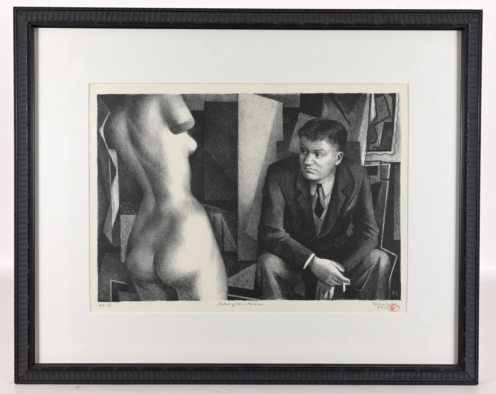 Benton Spruance - "Portrait of Henri Maceau": Benton Murdoch Spruance (American, 1904 - 1967) "Portrait of Henri Maceau" - 1943 Lithograph. Estate signed, dated, titled, and inscribed ed 35 in pencil, with red oval BS stamp. Image Size: 11 x 16 i