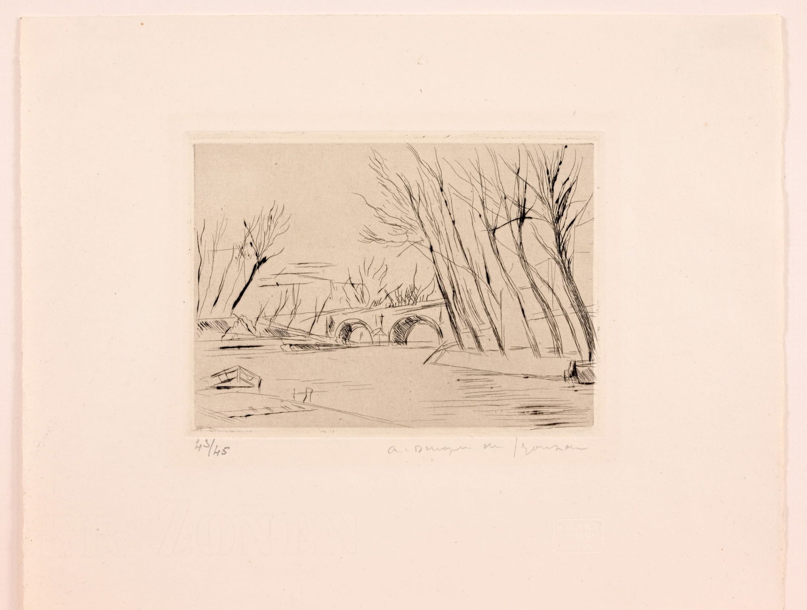 Andre Dunoyer De Segonzac (French, 1884 - 1974): Andre Dunoyer De Segonzac (French, 1884 - 1974) "The Pont Marie" (Le Pont Marie) - 1924 Etching and Drypoint. Pencil signed and numbered (43/45) lower margin. Image Size: 4.5 x 6 in. Sheet Size: 8 7/8