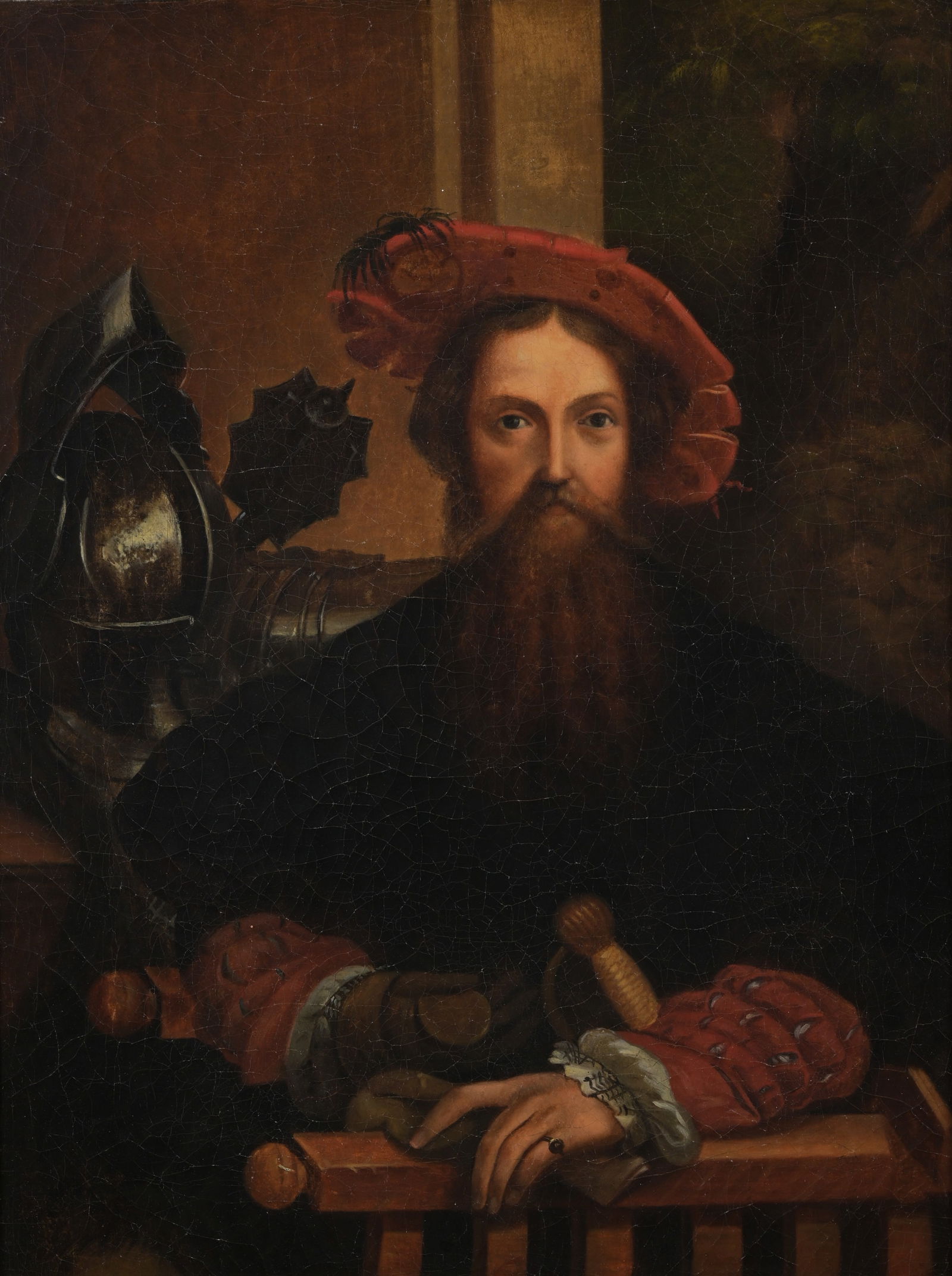 After Girolamo Francesco Parmigiano (1503 - 1540): After Girolamo Francesco Maria Mazzola Parmigiano (Italian, 1503 - 1540) "Portrait of Galeazzo Sanvitale" Oil on Canvas. Size: 17 5/8 x 13.5 in. Unframed. Condition: lined with wax and linen, crackle,