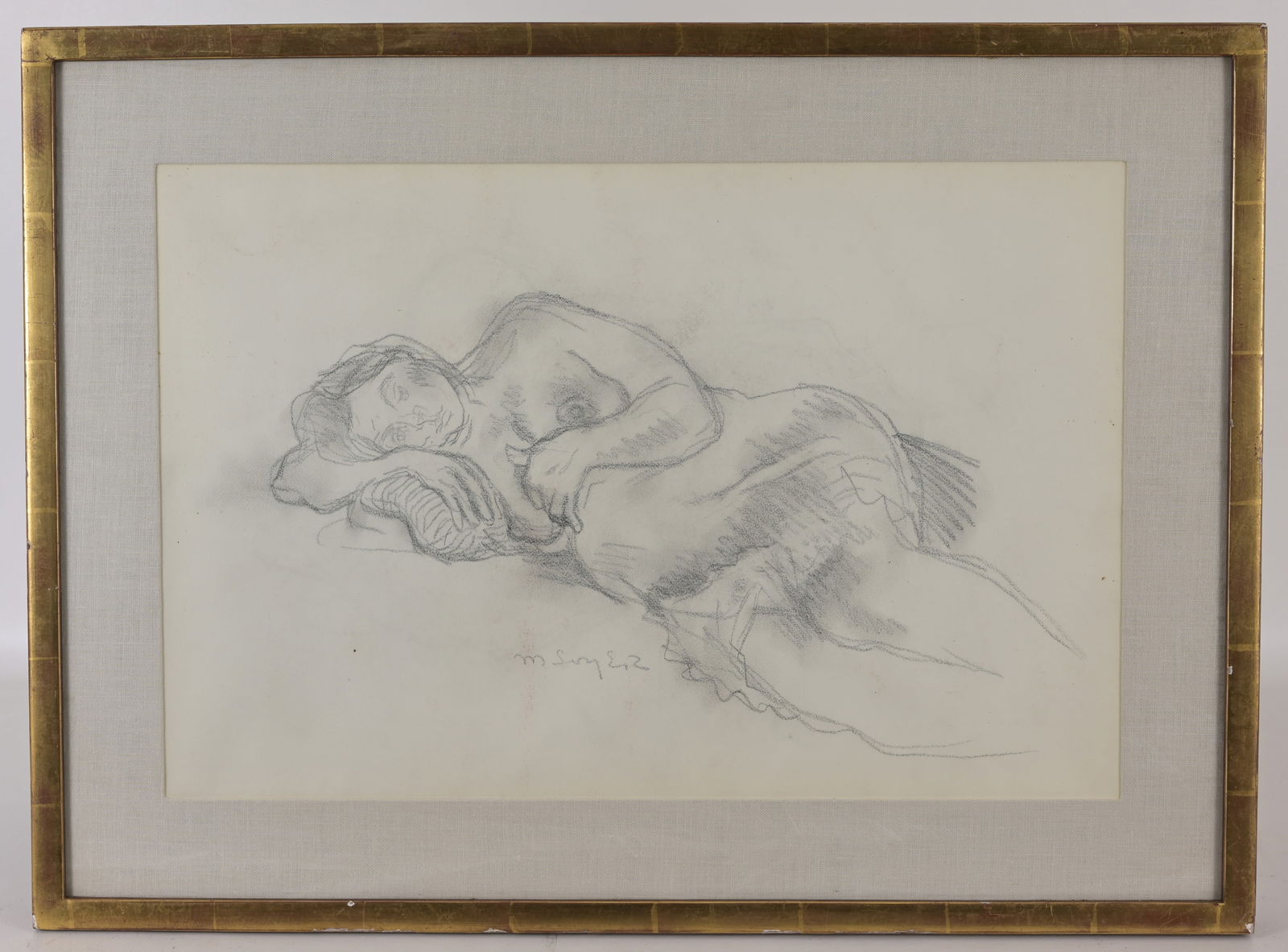 Moses Soyer (New York, 1899 - 1974): Moses Soyer (New York, 1899 - 1974) Double-Sided Nude Sketch. Pencil sketch on Paper. Signed lower left. Sight Size: 13.75 x 21 in. Overall Framed Size: 20 x 27 in. Framed between glass.