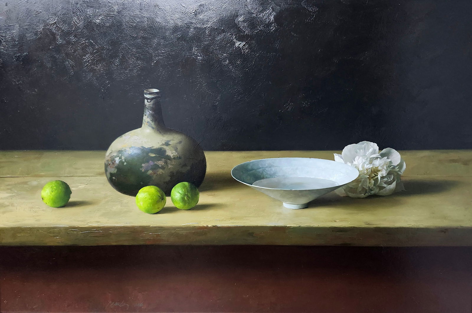 Qiangli Liang - "White Peonies": Qiangli Liang (Chinese, b. 1964) "White Peonies" Oil on Panel. Signed and dated (2006) lower left. Bearing Galerie Mokum label and auction label to verso. Sight Size: 23.5 x 35.25 in. Overall Framed S