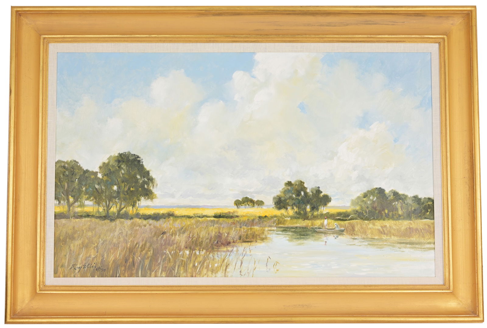 Ray George Ellis (SC, MA 1921 - 2013) 24 x 40 in.: Ray George Ellis (South Carolina, Massachusetts, 1921 - 2013) "Wild Mustard by the Marsh" Large Oil on canvas. Provenance: Collection of William Biddle Ten Eyck, ex- CFO of Pontiac, by descent. Signed