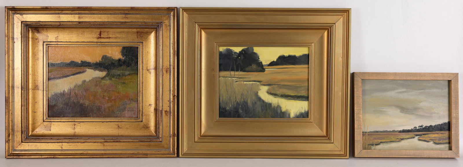 (3) Janet Powers (Georgia, 20th C.) Marsh Scenes: Janet Powers (Georgia, 20th C.) Three oil paintings (L-R). All inscribed verso. "Jekyll River - North End" "Jekyll Tidal Creek", "Clam Creek from Walking Bridge". Provenance: Collection of William Bid