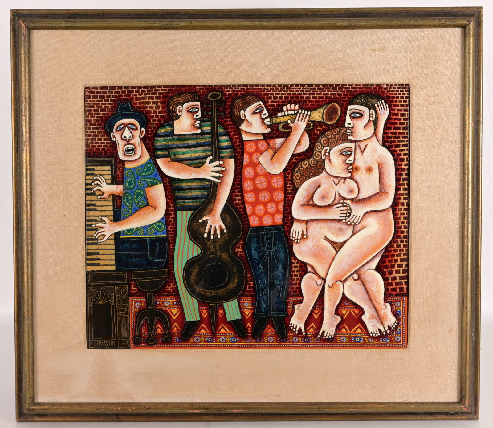 Rex Clawson (American, 1929 - 2007): Rex Clawson (American, 1929 - 2007) Jazz Club Oil on Board. Signed and dated (1967) lower left. Sight Size: 13.75 x 17 in. Overall Framed Size: 22 x 25 in.
