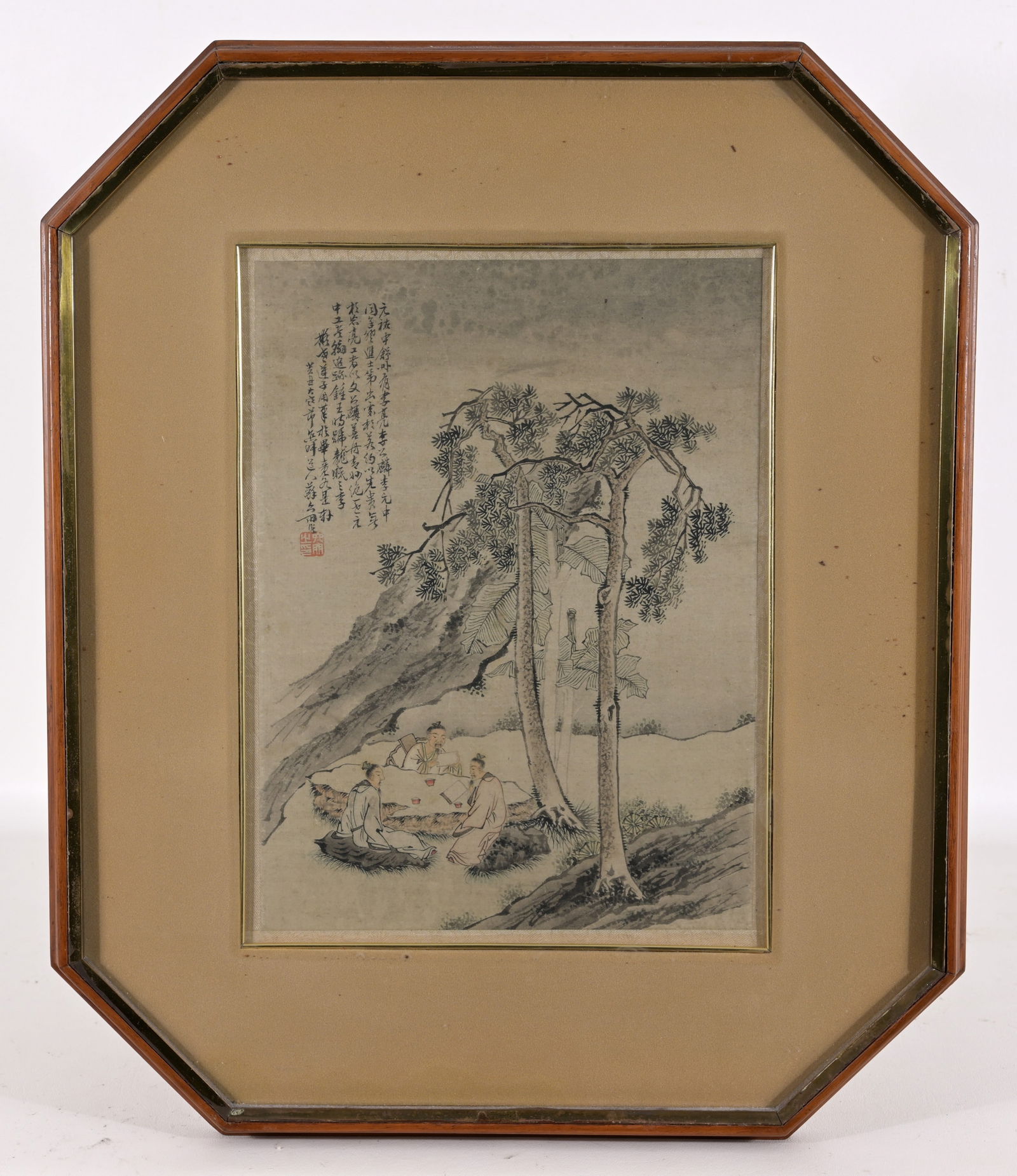 Antique Chinese Watercolor: Antique Chinese Watercolor. Group of elders sitting around talking in landscape. Signed upper left corner. Image Size: 12 x 9 in. Overall Framed Size: 20 x 17 in. Framed behind glass.