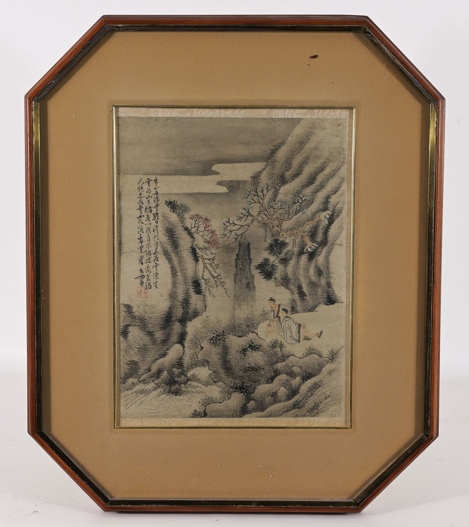 Antique Chinese Watercolor: Antique Chinese Watercolor. Couple in landscape sitting around talking. Signed upper left corner. Image Size: 12 x 9 in. Overall Framed Size: 20 x 17 in. Framed behind glass.