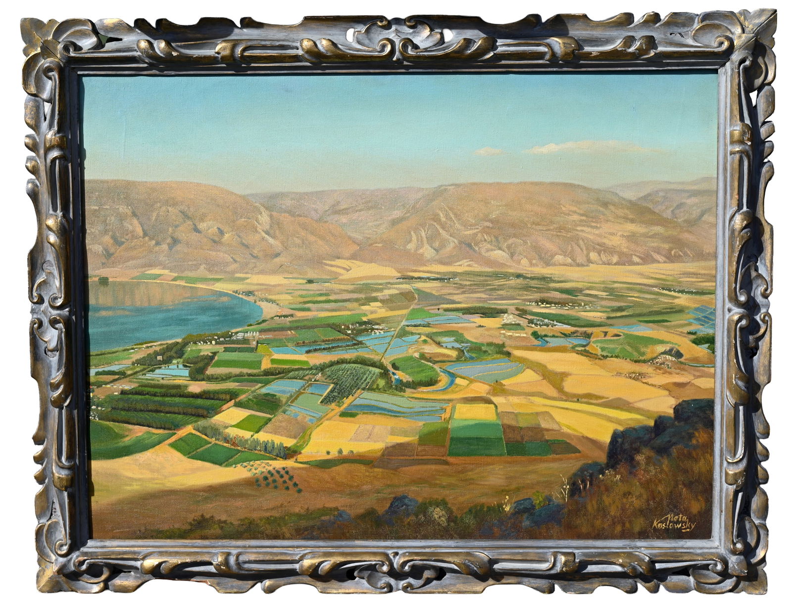 Nota Koslowsky (Polish, 1906 - 1972): Nota Koslowsky (Polish, 1906 - 1972) "Valley of the Jordan" Oil on Canvas. Signed lower right. Riverside Museum Cosmopolitan Artists Exhibition label verso. Sight Size: 30 x 40 in. Overall Framed Size