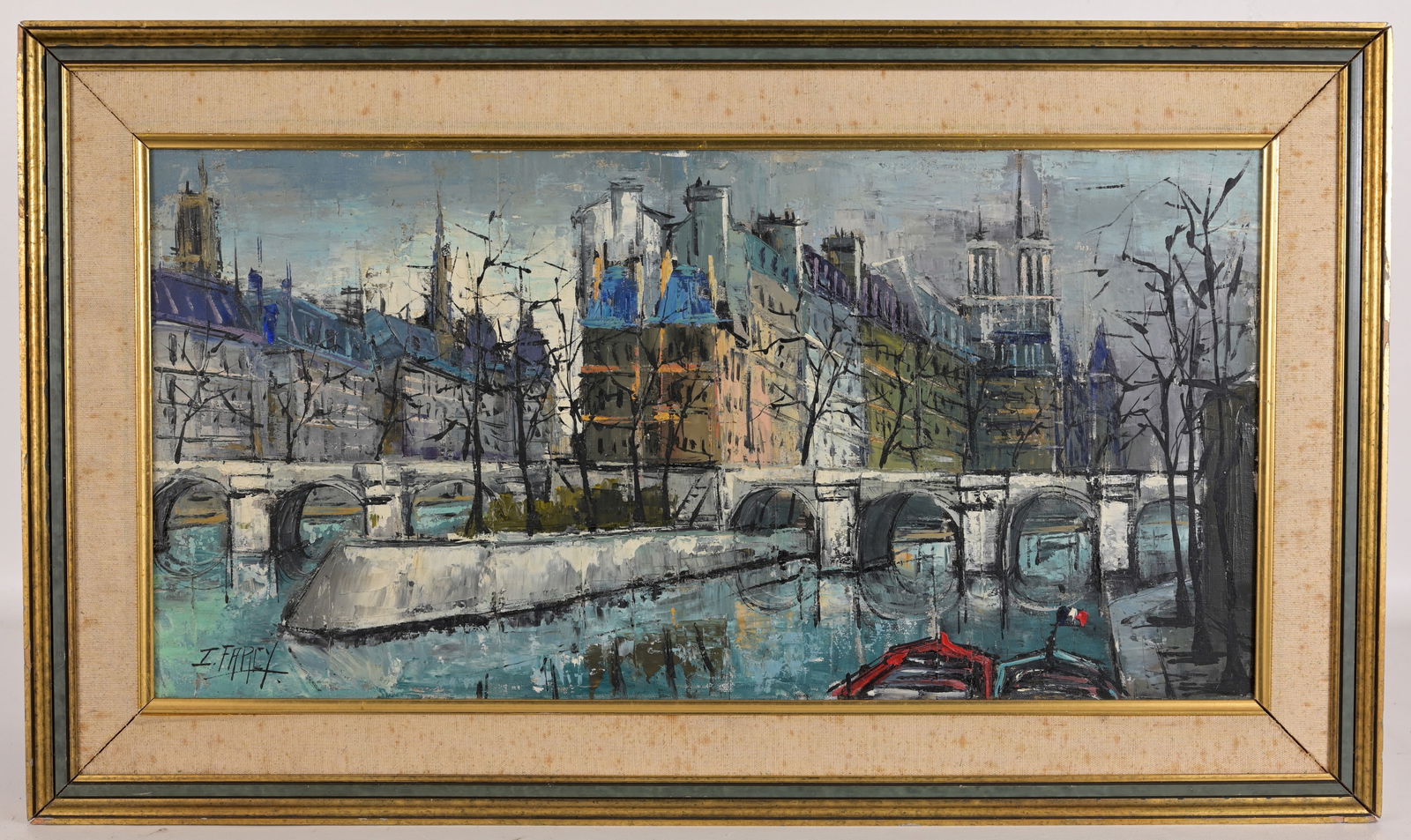 20th C. French - La Seine et Notre Dame: 20th C. French Scene La Seine et Notre Dame Oil on Canvas. Signed lower left. Sight Size: 12 x 24 in. Overall Framed Size: 16.75 x 28.25 in.