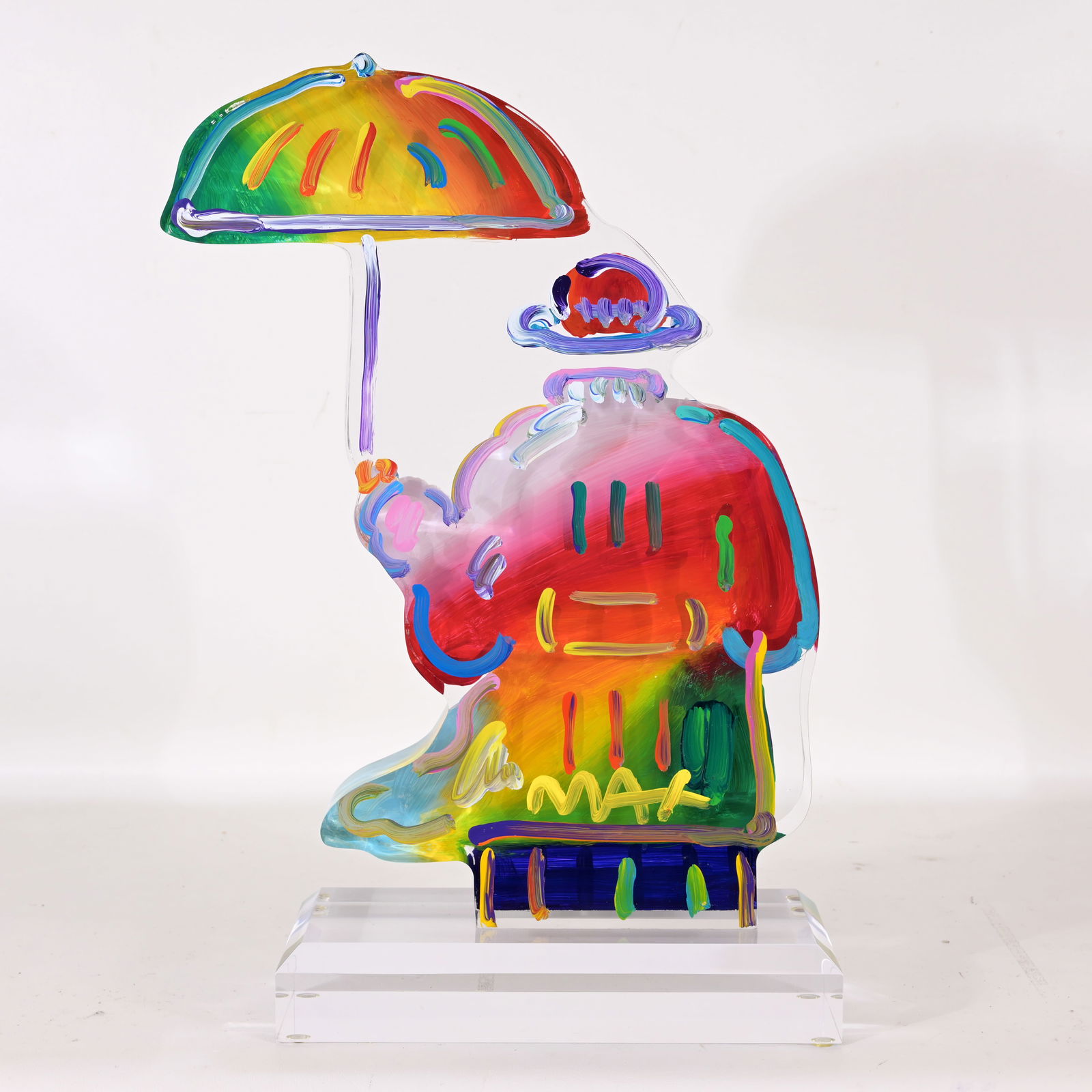Peter Max - Umbrella Man Ver. II - Sculpture: Peter Max (New York, Germany, B. 1937) Umbrella Man Ver. II #370 - 2017 Hand Painted acrylic sculpture. Signed lower center. Comes with Park West COA and Appraisal. Statue Dimensions: 18 1/8 x 12.25 x