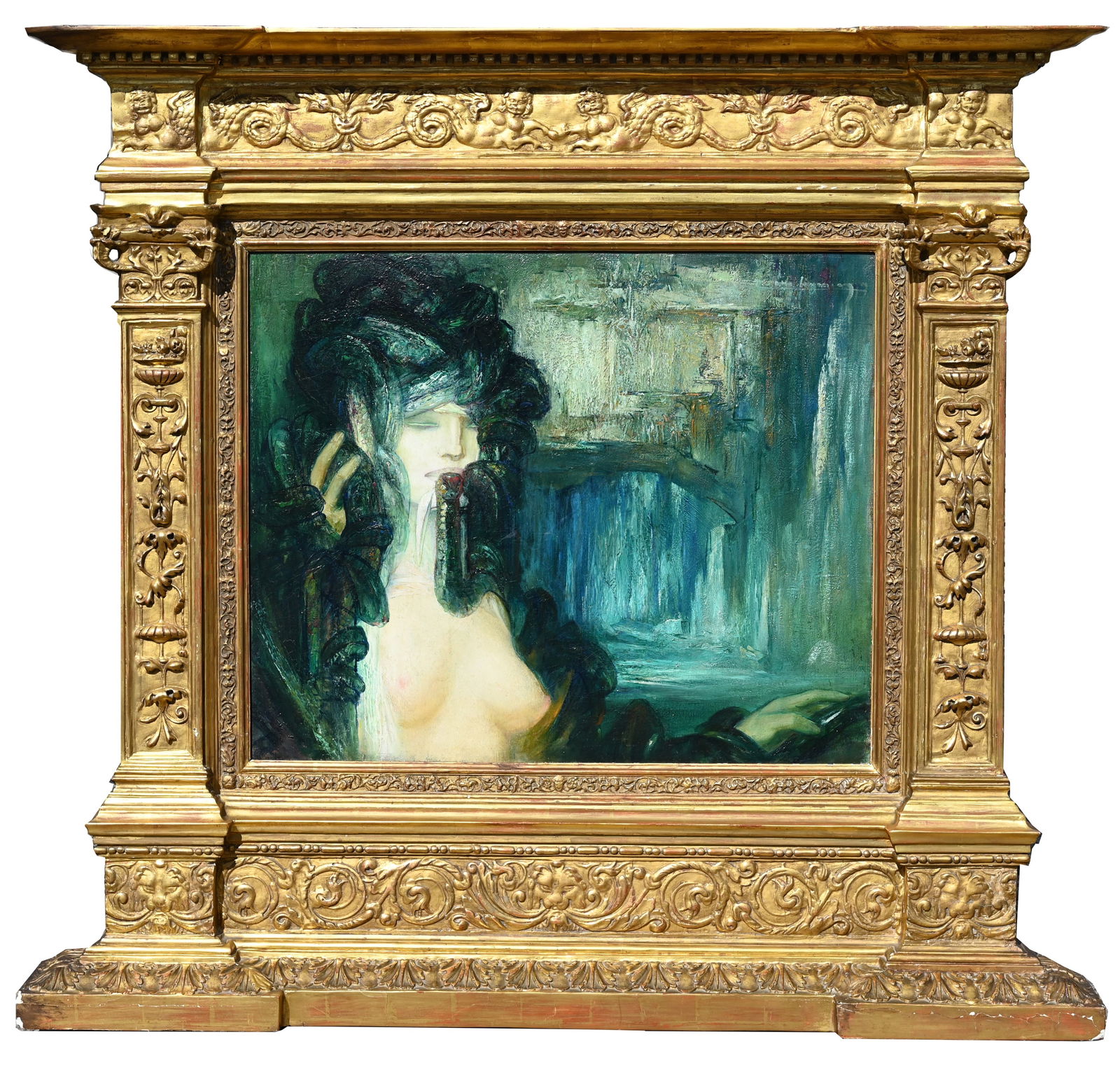 Pierre Amedee Marcel-Beronneau (1869 - 1937): Pierre Amedee Marcel-Beronneau (French, 1869 - 1937) Exceptional painting of a semi-nude woman with snakes. Oil on Canvas. Signed upper right. Housed in the original elaborate monumental gilt tabernac