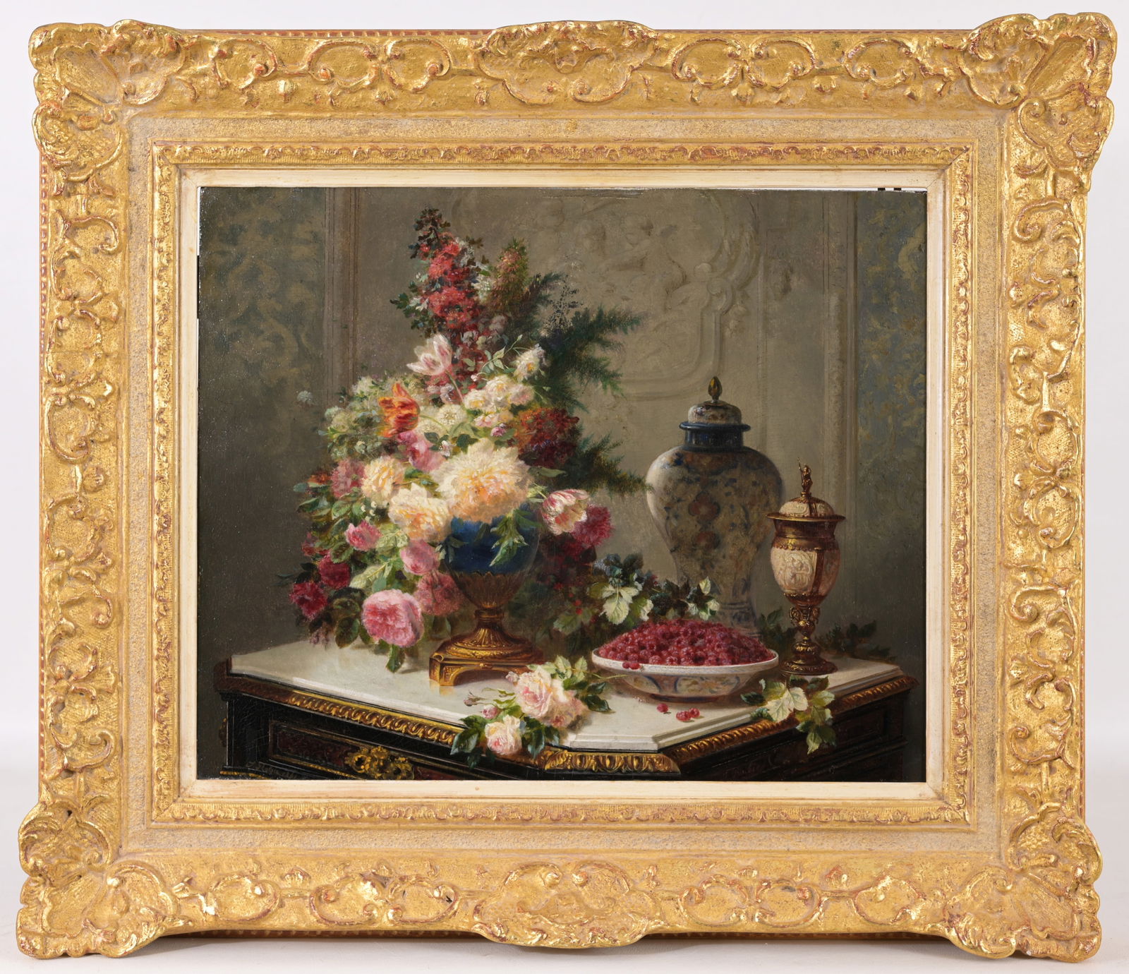 Jean Baptiste Robie (Belgian, 1821 - 1910): Jean Baptiste Robie (Belgian, 1821 - 1910) Still life with flowers and raspberries. Oil on Cradled Panel. Signed and dated (1861) lower left. Provenance: - Anon. sale, Christie's, London, 17 May 1985,