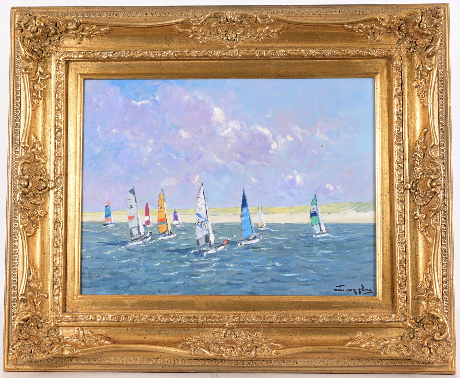 Niek van der Plas (Dutch, b. 1954) "Regatta": Niek van der Plas (Dutch, b. 1954) Regatta Oil on Board. Signed lower right. Sight Size: 12 x 16 in. Overall Framed Size: 19 x 23.5 in.