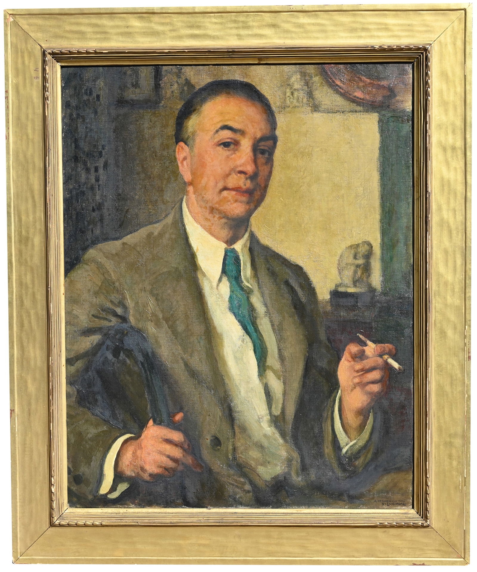 Francis Luis Mora (1874 - 1940) "Self Portrait": Francis Luis Mora (American, 1874 - 1940) "Self Portrait" Oil on Canvas. Signed lower right. Inscribed in Spanish "To my dearest May" above signature. Signed and titled verso. International Art Center