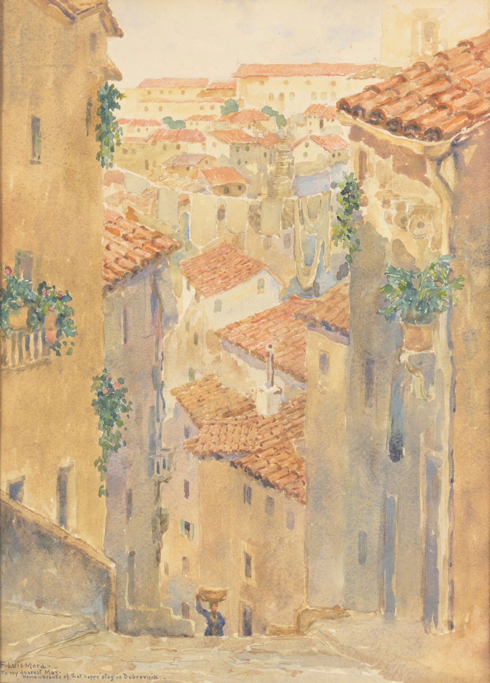 Francis Luis Mora (1874 - 1940) Dubrovnik, Croatia: Francis Luis Mora (American, 1874 - 1940) "Dubrovnik, Croatia" Watercolor/Gouache. Signed and inscribed lower left. Provenance: From the estate of the artist. Sight Size: 14 x 10 in. Overall Framed Si