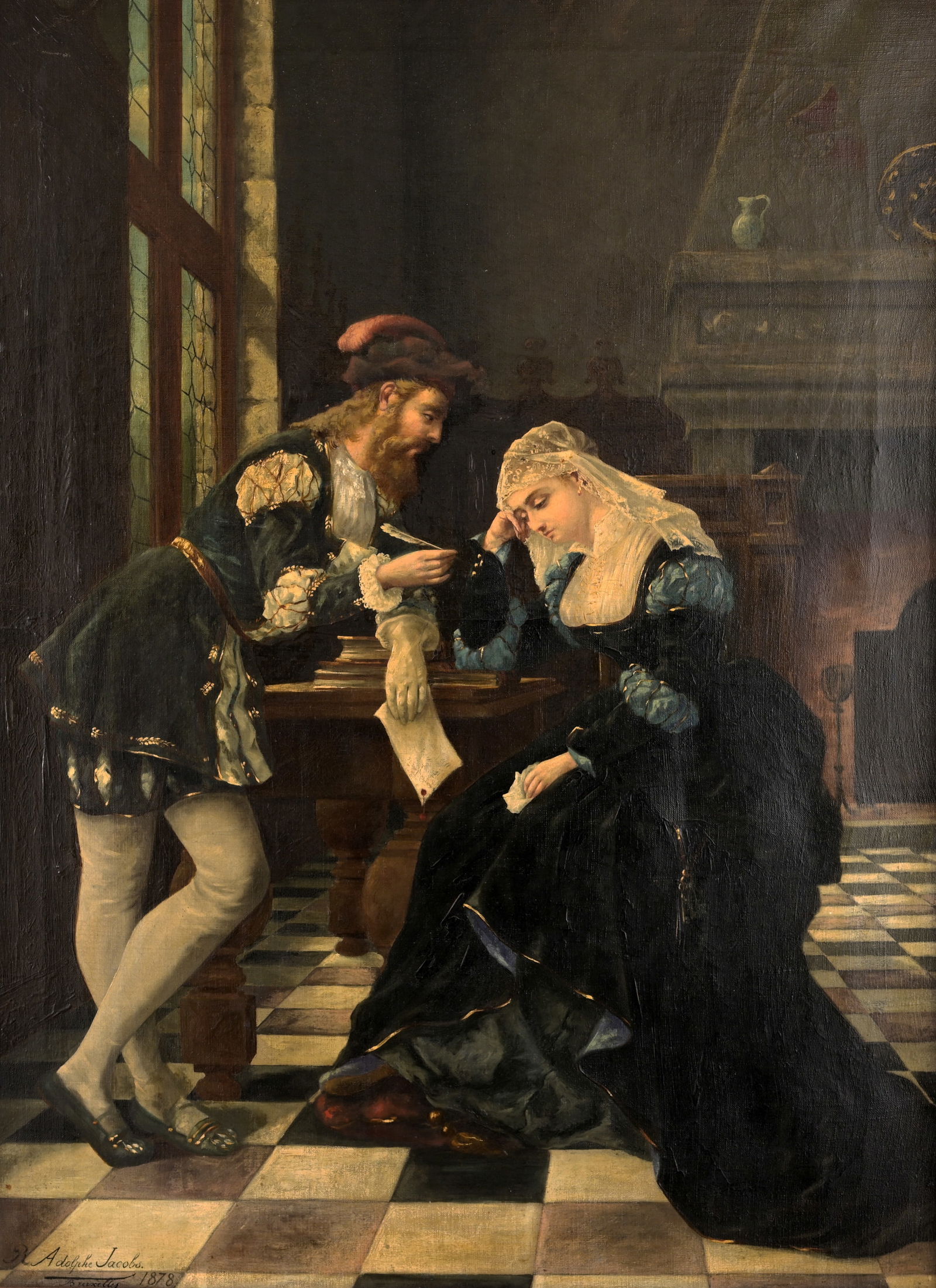 Adolphe Jacobs (Belgian, 1859 - 1940): Adolphe Jacobs (Belgian, 1859 - 1940) "The Disagreement" Oil on Canvas. Signed and dated (1878) lower left. Titled verso on stretcher. Sight Size: 29.5 x 22 in. Overall Framed Size: 32.5 x 25 in.