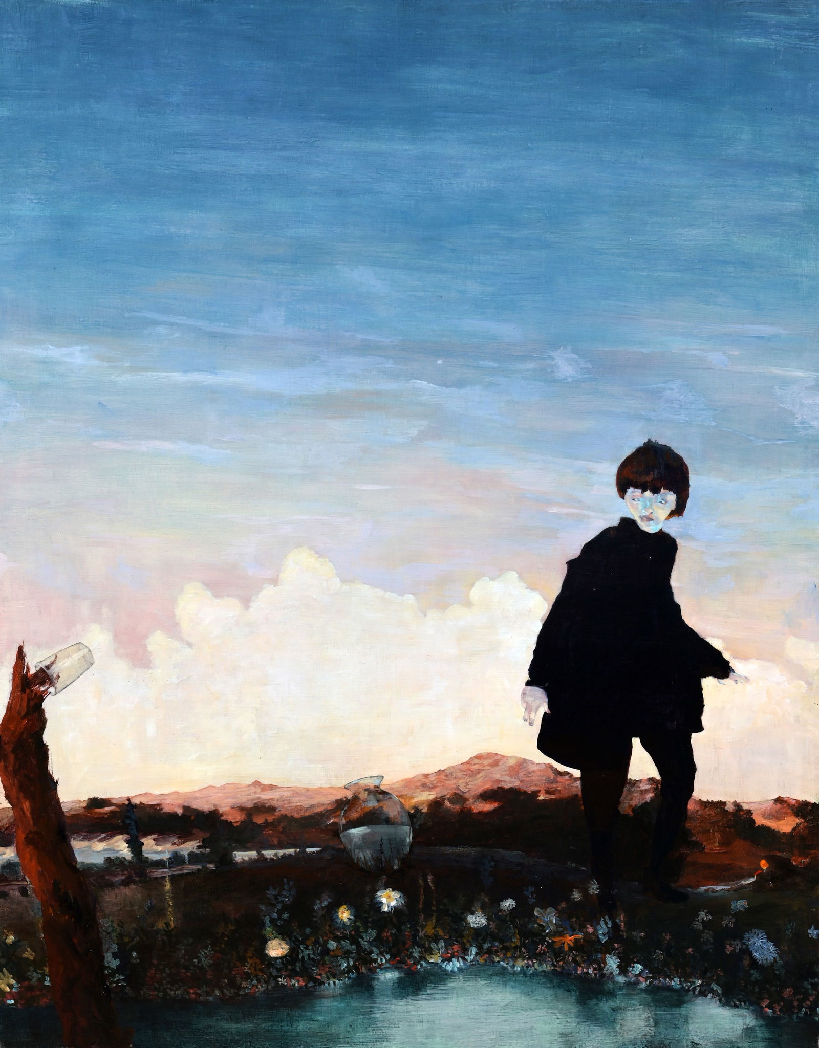 Leslie Allen Lerner (1949 - 2005) "The Empty Cup": Leslie Allen Lerner (American, 1949 - 2005) "My Life in France: The Lost Boy - The Empty Cup (West Marin) Acrylic on Canvas on Board. Inscribed verso by the artist. Provenance: purchased from Allyn