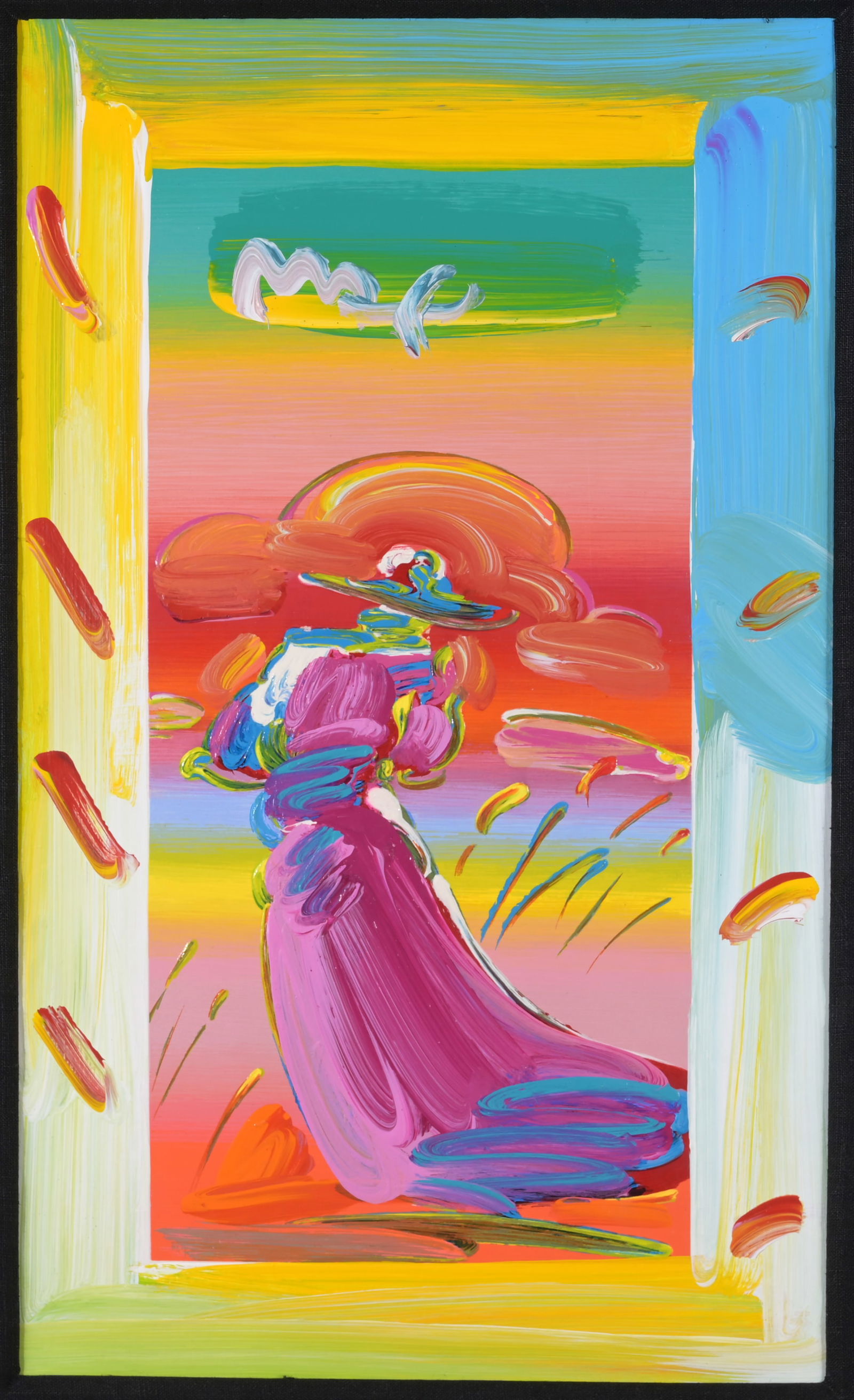 Peter Max - "Walking in Reeds" Mixed Media: Peter Max (New York, Germany, B. 1937) "Walking in Reeds" Mixed Media over Lithography. Hand signed upper middle. Sight Size: 17.25 x 10.25 in. Overall Framed Size: 31.5 x 24.5 in. Framed behind