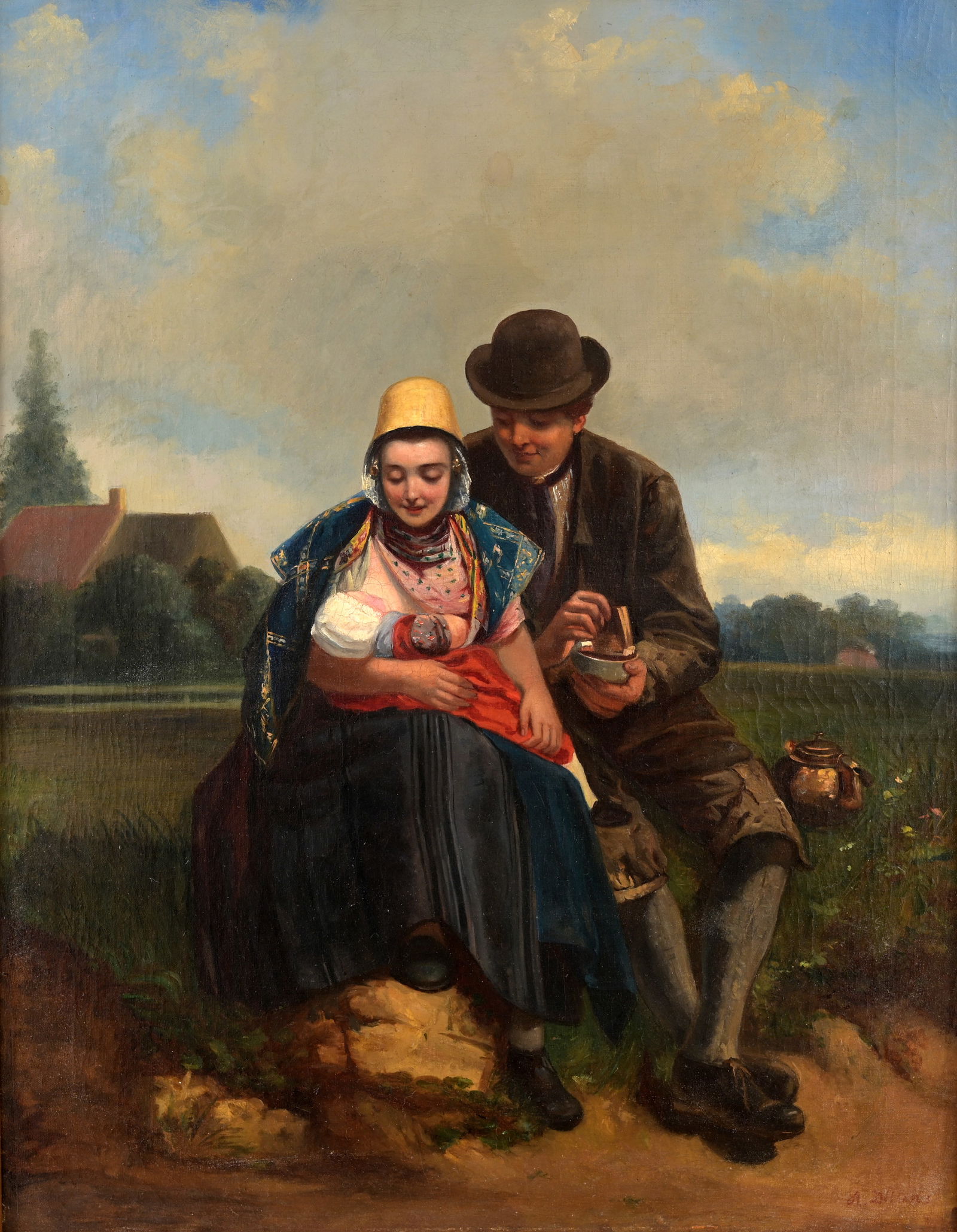 Adolf Dillens (Belgian, 1821 - 1877): Adolf Dillens (Belgian, 1821 - 1877) Couple in Love Oil on Canvas. Signed lower right. Sight Size: 22 x 17.5 in. Overall Framed Size: 27.75 x 23 in.