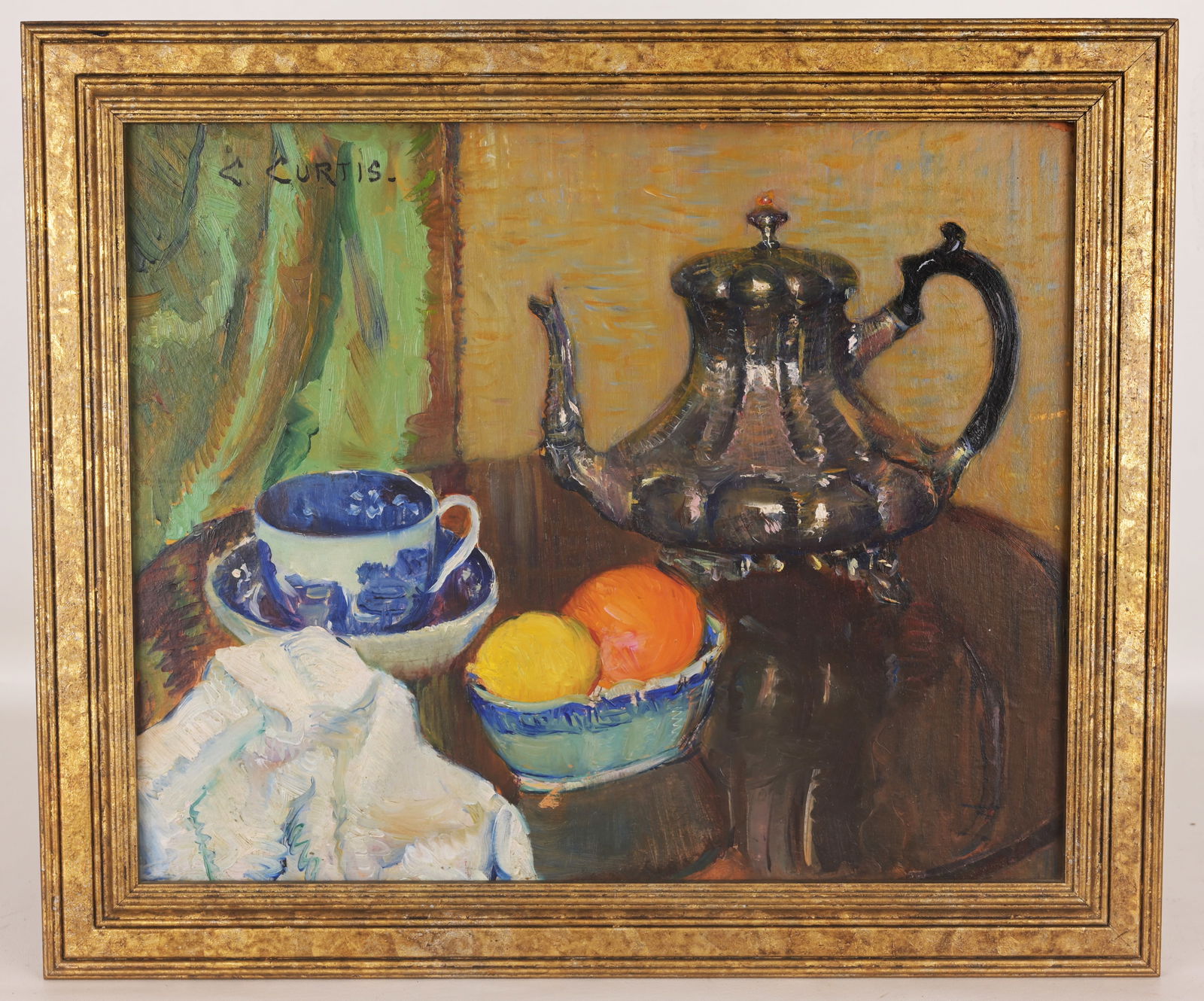 Constance Curtis (American, 1869 - 1959): Constance Curtis (American, 1869 - 1959) Still Life Oil on Board. Signed upper left. Old label verso. Purchased in 1969 in Annapolis, MD Sight Size: 15.75 x 19.75 in. Overall Framed Size: 19.75 x 23.2