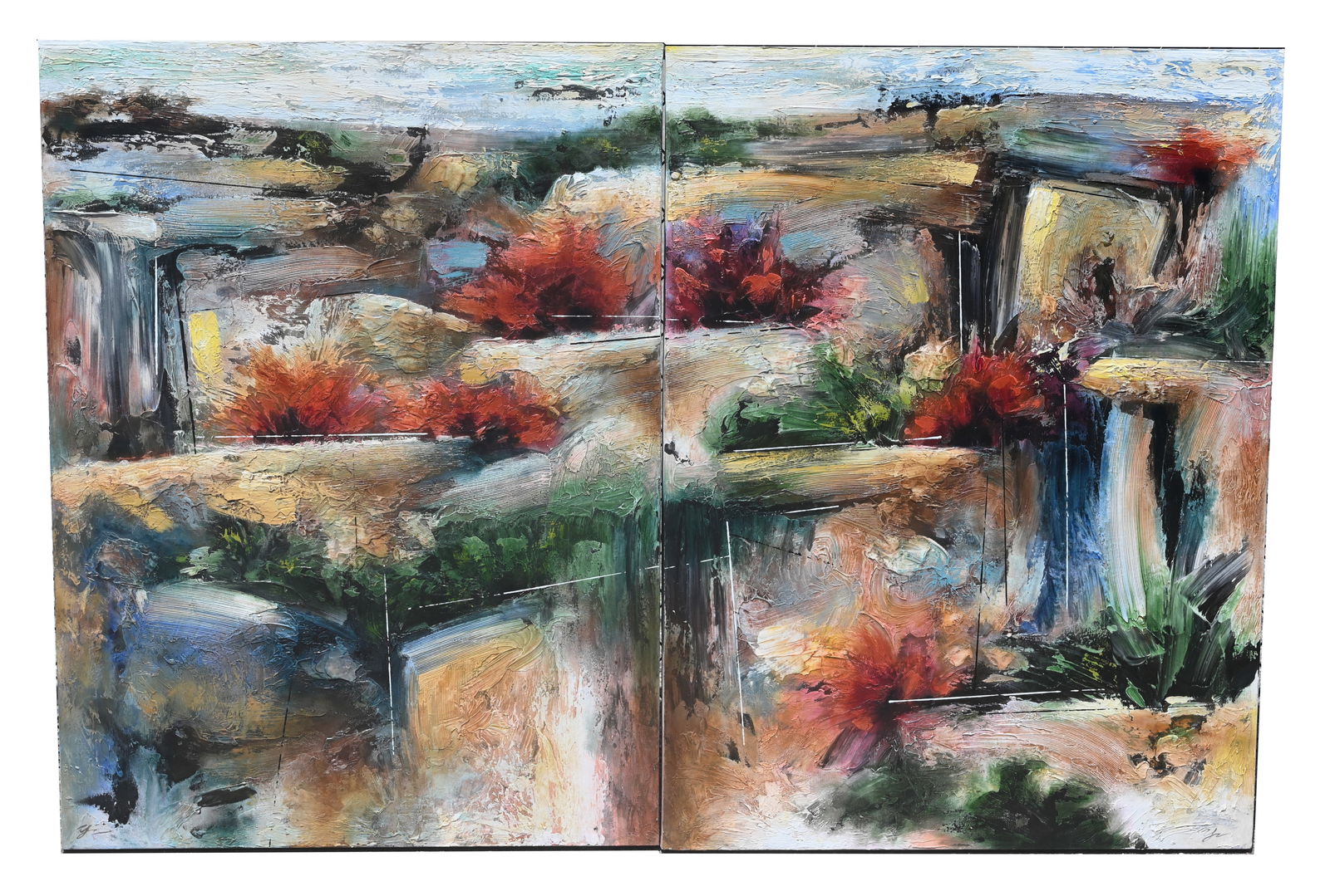 Yang Liu "Scenery in Memory" Diptych: Yang Liu (Chinese, 20th C.) "Scenery in Memory" (#11 & #12) Mixed Media on Canvas. Signed lower corners. Titled, signed and inscribed verso on canvas. Purchased from Monarch Gallery (La Jolla, CA) and