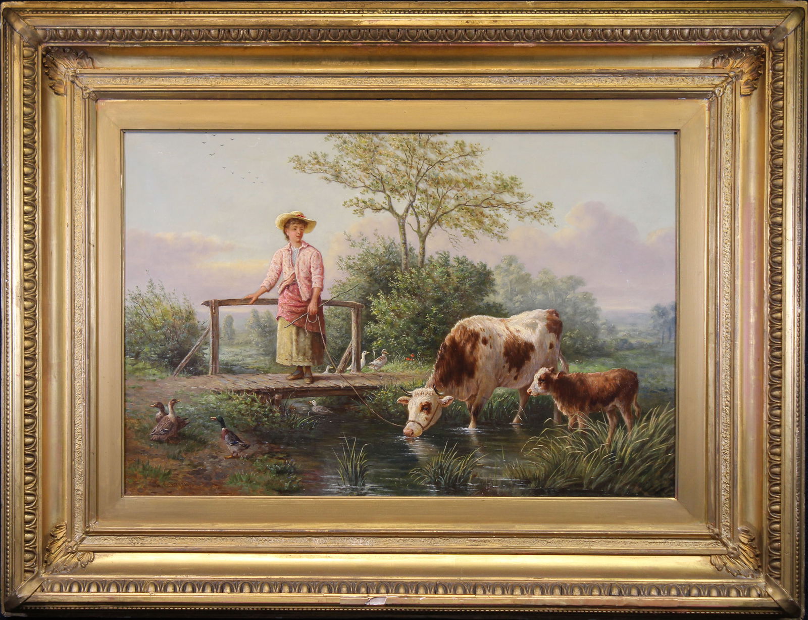 Henry Charles Bryant (British, 1812-1890): Henry Charles Bryant (British, 1812-1890) "Farmer's Daughter w/ Cows" Signed lower left. Oil on Canvas painting depicting a young woman leading two cows to a stream with ducks in the foreground. House