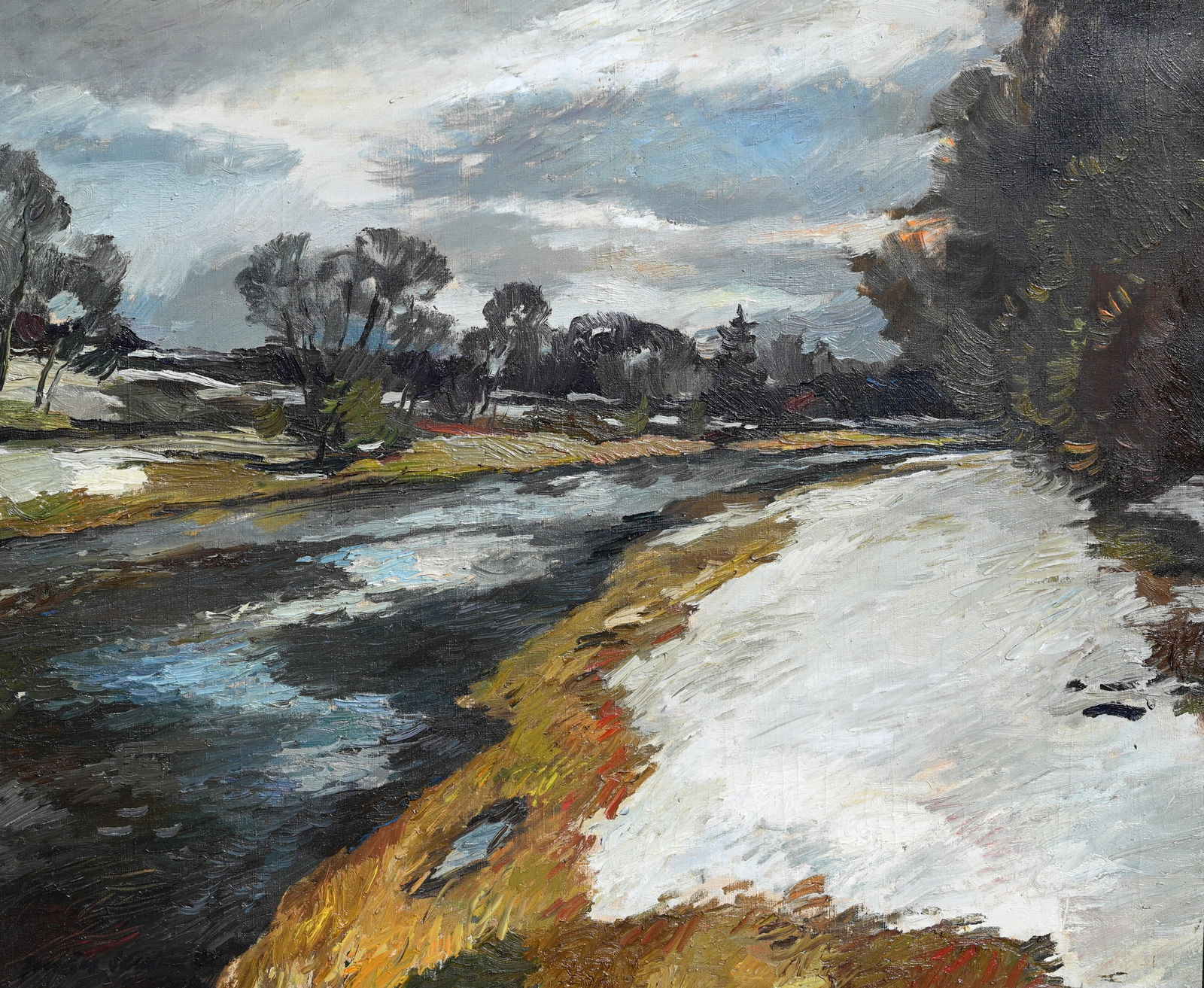 Jurgis Skulme (1928 - 2015) "Ogresgals": Jurgis Skulme (1928 - 2015) "Ogresgals" - 1988 Oil on Canvas. Signed lower left. Inscribed verso on canvas. Image Size: 31.5 x 38.5 in. Overall Framed Size: 35.75 x 42.75 in.