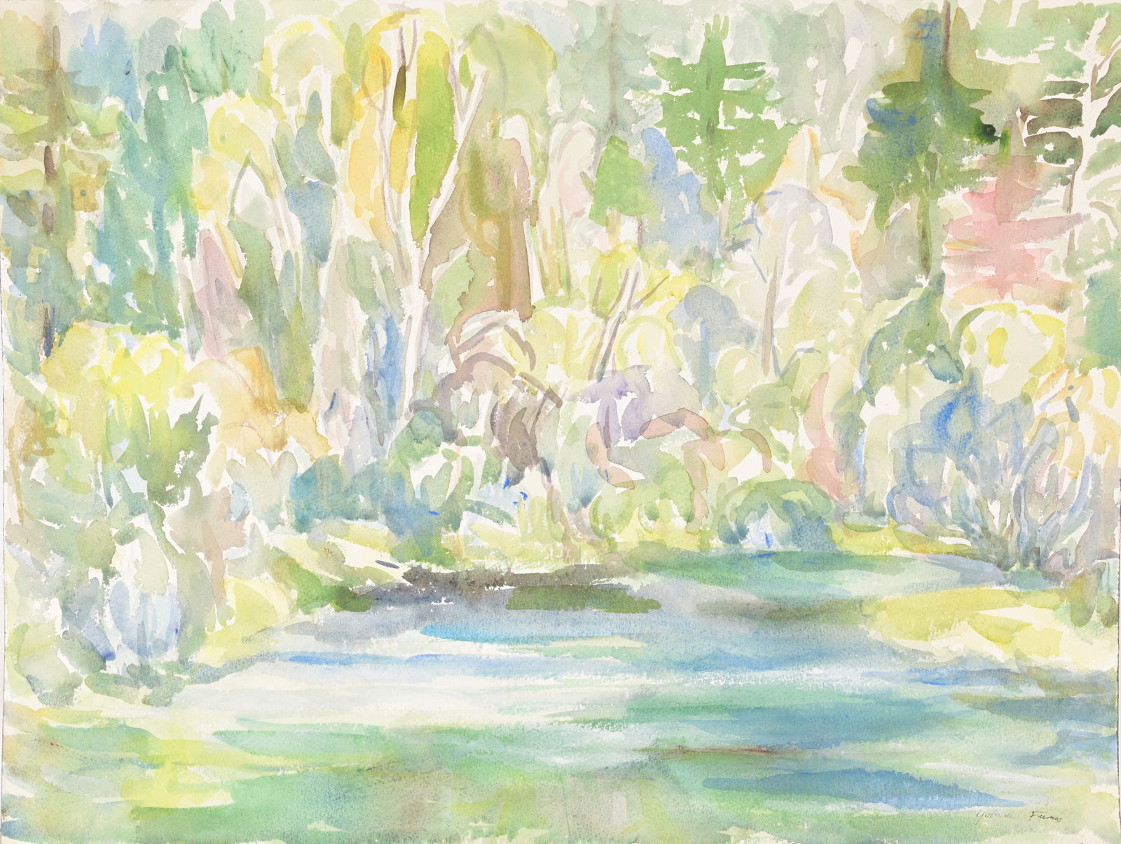 Yolanda Fusco (Maine, 1920 - 2009): Yolanda Fusco (Maine, 1920 - 2009) Watercolor painting of a wooded landscape. Signed lower right. From the estate of the artist. Size: 18 x 24 in. Unframed.