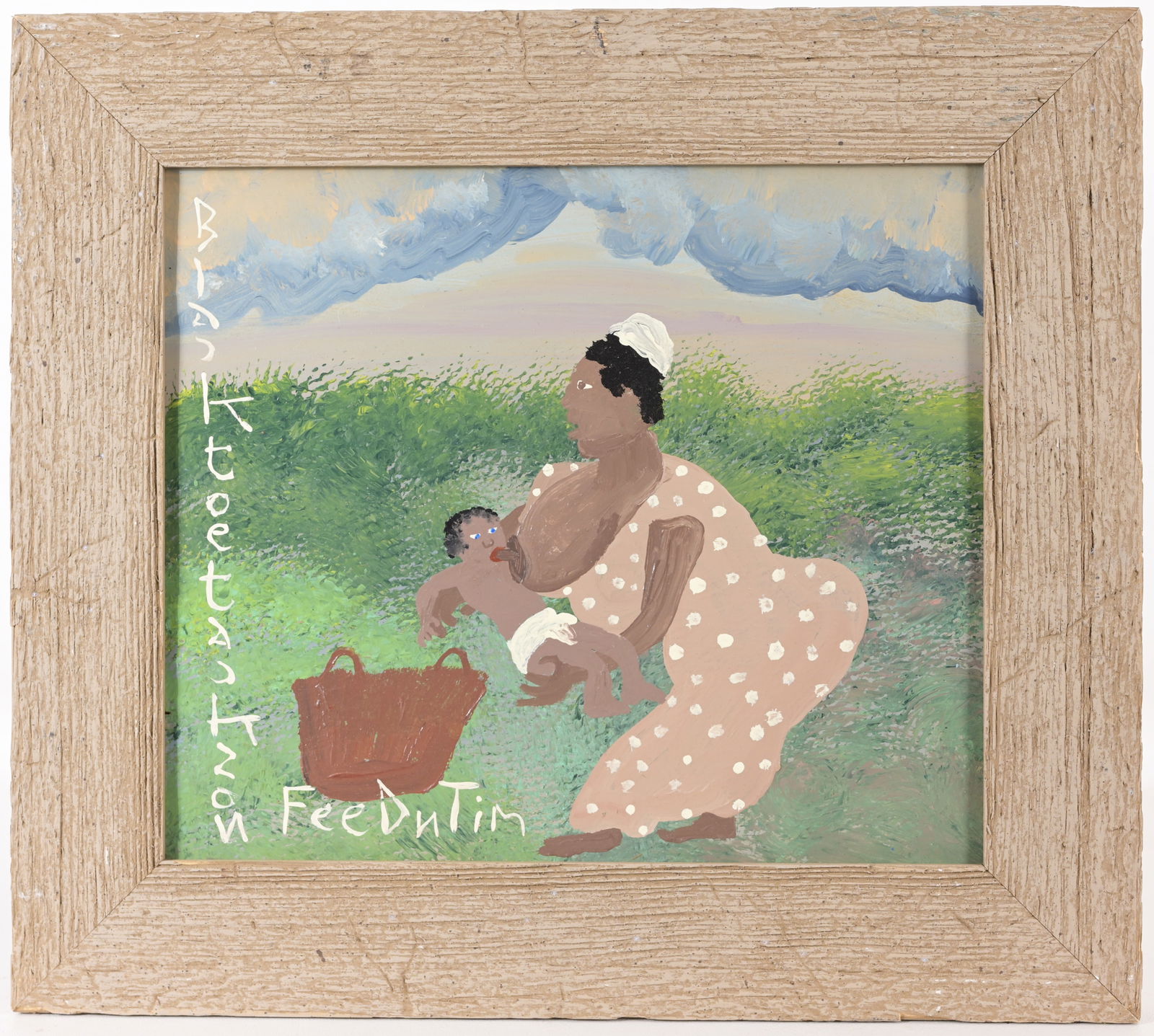 Black Joe Jackson (American, Born 1922): Black Joe Jackson (American, Born 1922) "Feedn Tim(e)" - Folk art painting Original oil on board. Signed and inscribed. Housed in the original frame. Sight Size: 11 x 13 in. Overall Framed Size: 16.5