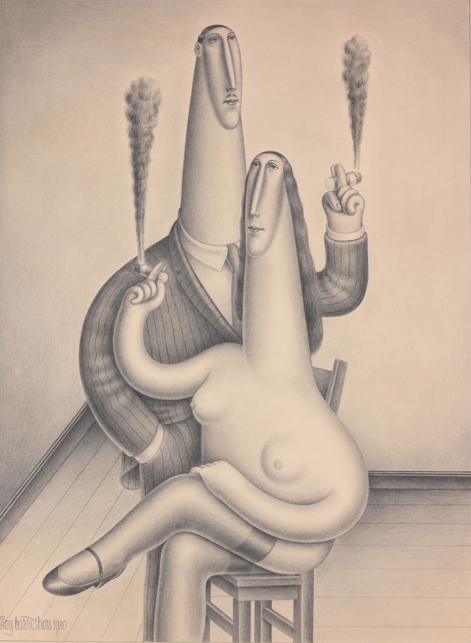Roy Carruthers (1938 - 2013) "Couple Smoking": Roy Carruthers (American, 1938 - 2013) "Couple Smoking" Graphite on Paper. Signed and dated (1980) lower left. Sight Size: 29 x 22 in. Overall Framed Size: 40 x 31 in. Framed behind glass.