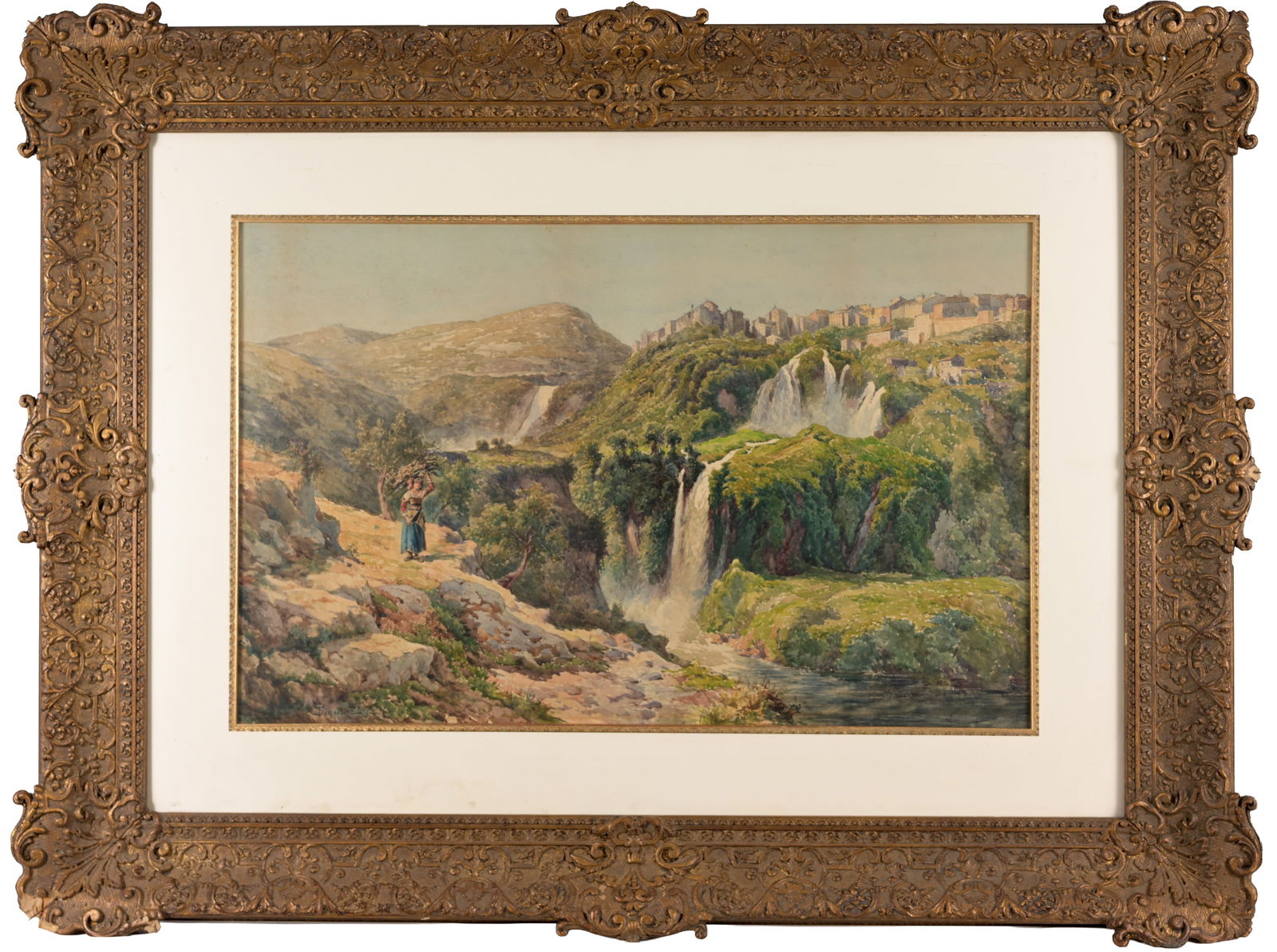 Telemaco Signorini (Italian, 1835 - 1901): Telemaco Signorini (Italian, 1835 - 1901) "View of Tivoli" Watercolor & Gouache. Signed lower left. Sight Size: 18 x 29 in. Overall Framed Size: 33 x 44 in.