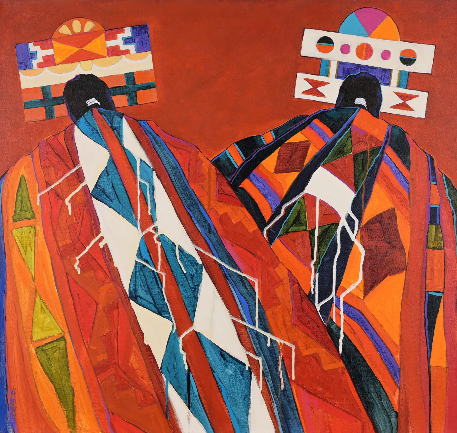 Dolona Roberts - "Red Blankets & Tablitas": Dolona Roberts (New Mexico, b. 1936) "Red Blankets & Tablitas" Acrylic on Canvas. Signed lower left. Titled, sized, and signed verso on canvas. Size: 30 x 32 in. Unframed.