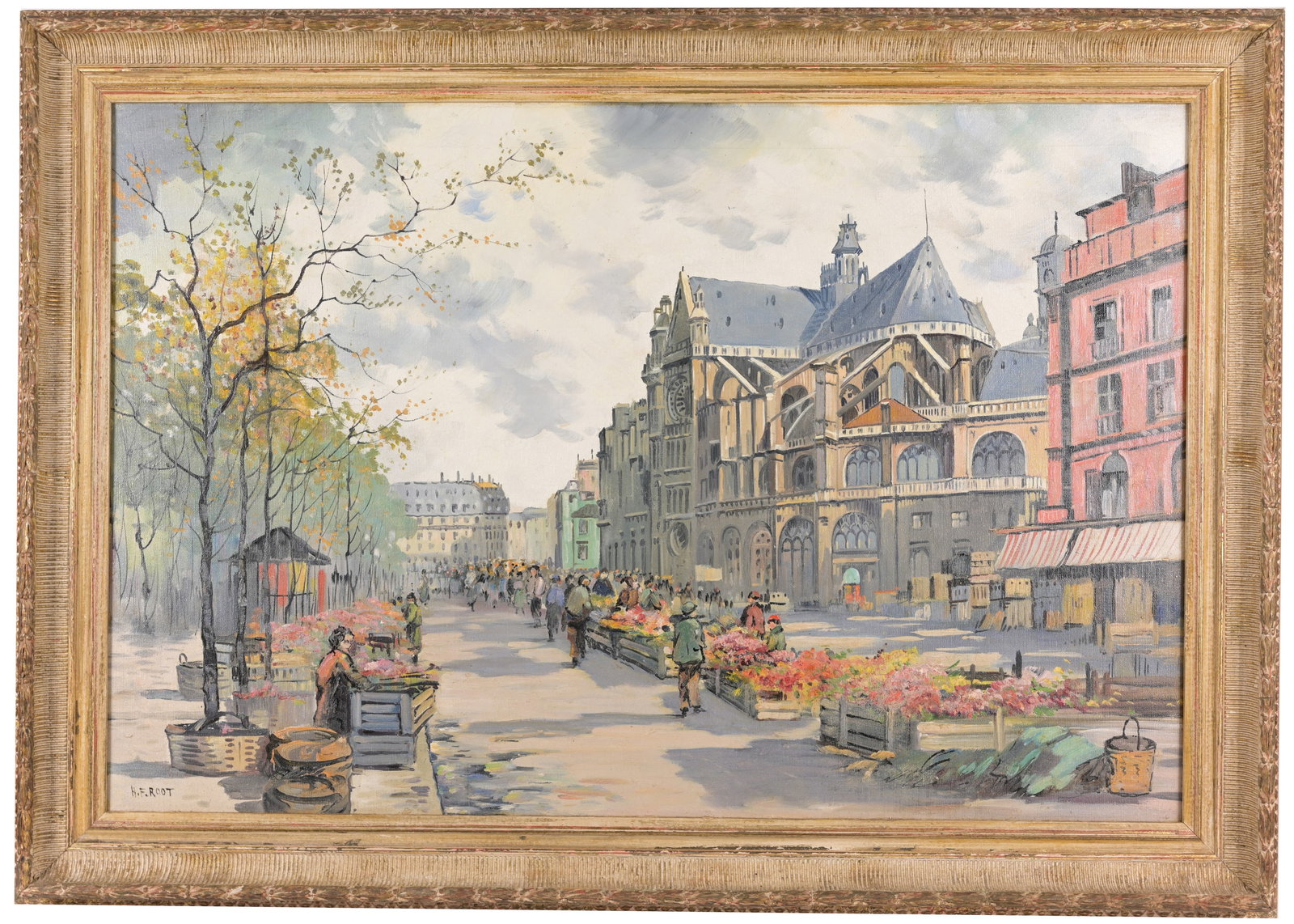 H. F. Root (London, 20th C.) Paris: H. F. Root (London, 20th C.) "Les Halles de Paris" Oil on Canvas. Signed lower left. Sight Size: 24 x 36 in. Overall Framed Size: 30 x 42 in. Les Halles de Paris was the largest food market in Paris