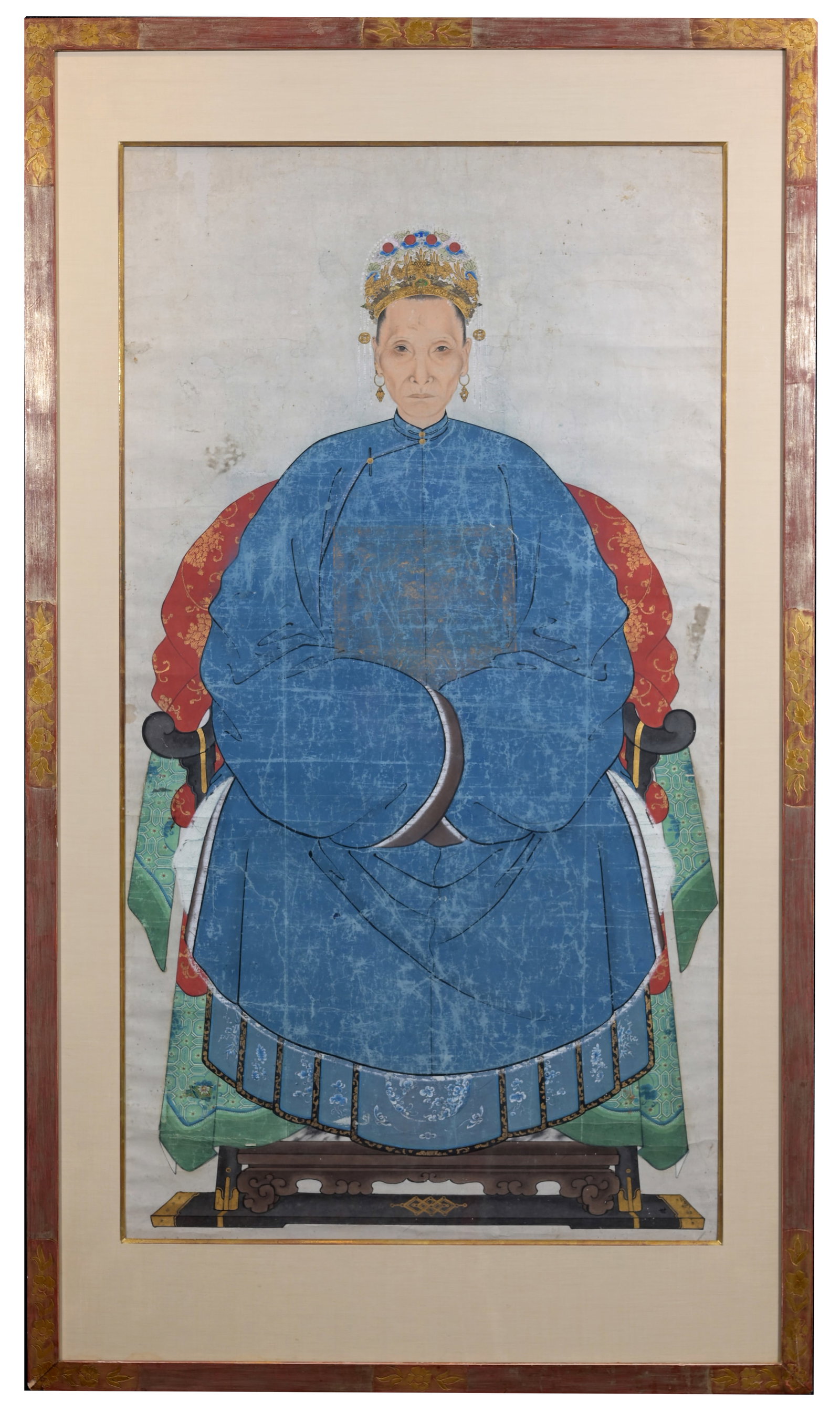 Large Early Antique Chinese Ancestral Portrait: Large Early Antique Chinese Ancestral Portrait. Hand painted watercolor/gouache painting of a woman wearing a gold headress. Remnants of a rank badge near central portion of the figure. Possibly Ming