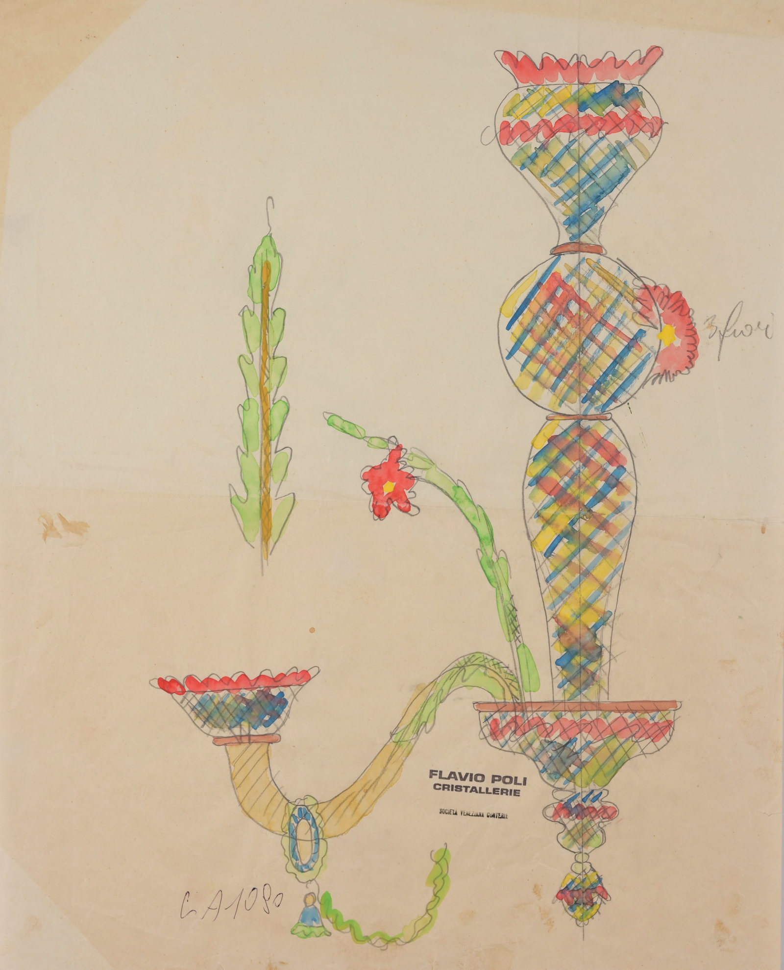 Flavio Poli (1900 - 1984) Original Sketch: Flavio Poli (Italian, 1900 - 1984) Original colored kiln sketch. Sheet Size: 22.25 x 17.75 in. Unframed. Provenance: The Conteria ceased operations in 1992, and Luigi Catellan, a supervisor with years
