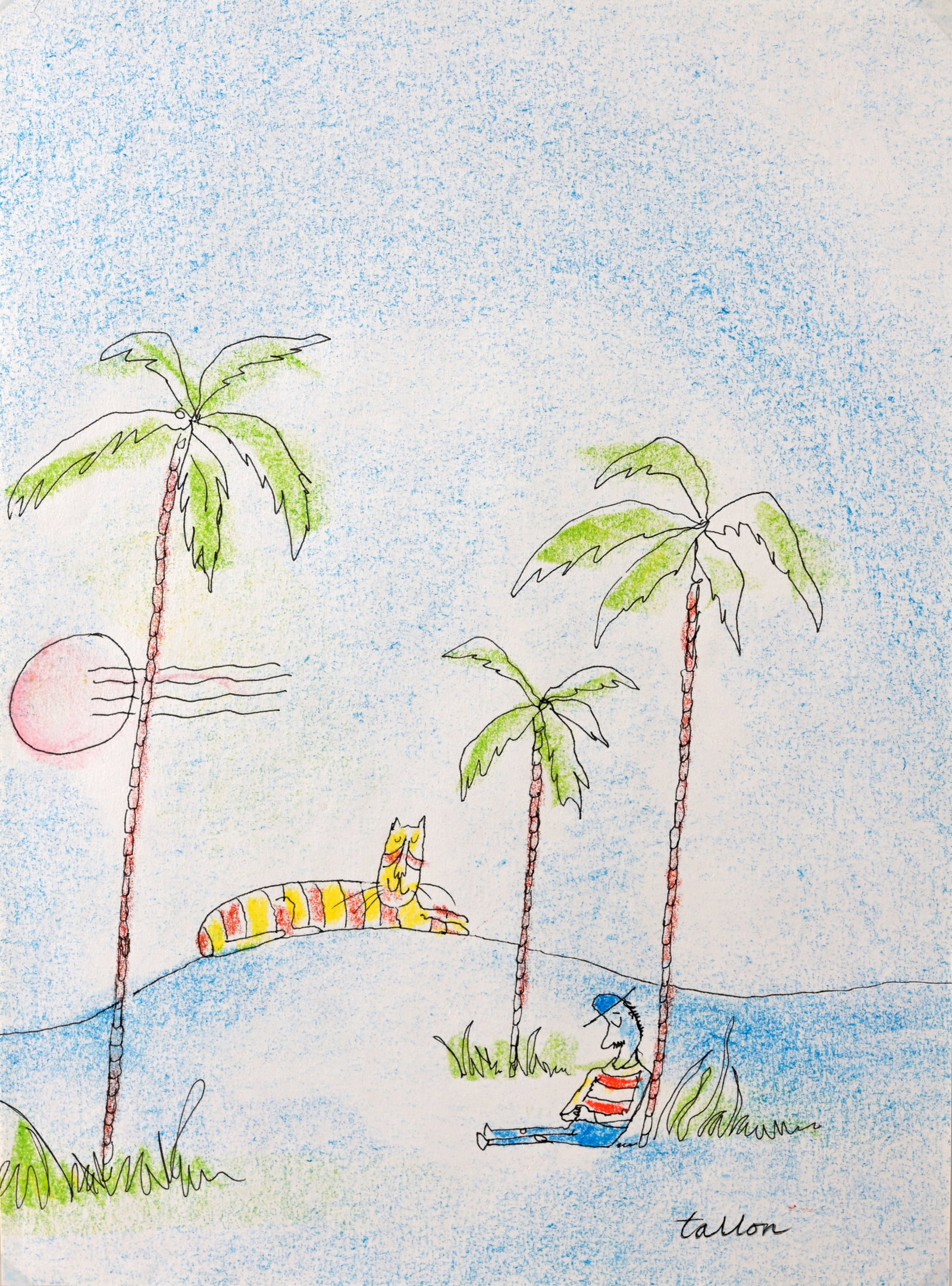 Robert Tallon (New York, 1932 - 2015): Robert Tallon (New York, 1932 - 2015) Original Illustration of a cat and a figure beneath a palm tree in a tropical setting. Mixed Media on Paper. Signed lower right. Acquired directly from the