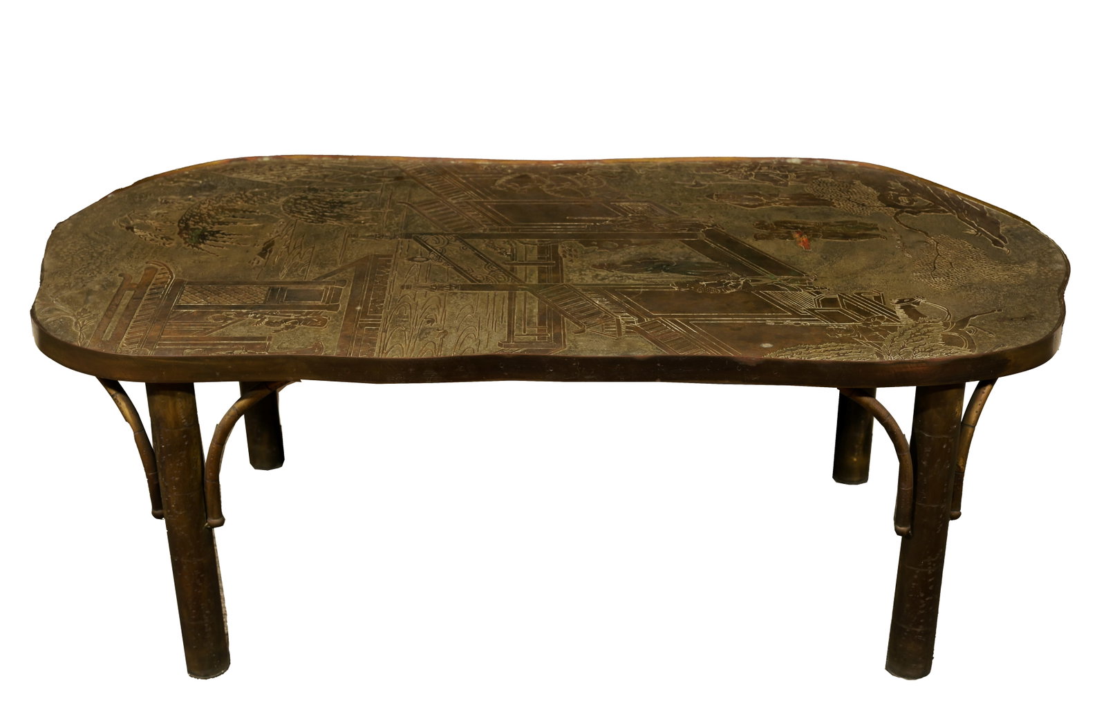 Philip & Kelvin LaVerne 'Chan' Coffee Table: Philip & Kelvin LaVerne 'Chan' Coffee Table. Circa 1960s. Signed on top of table. Philip and Kelvin LaVerne' were a father-son duo that was renowned for transforming metal furniture into narrative art