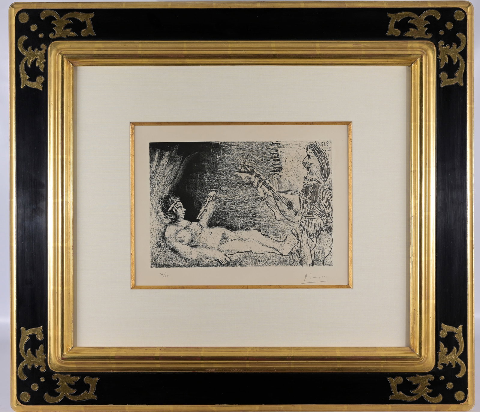 Picasso - "L'Aubade" - Aquatint: Pablo Picasso (Spanish, 1881 - 1973) "L'Aubade" (B.1253, Le Cocu Magnifique) Aquatint with Etching. Pencil signed and numbered (14/30) lower margin. Martin Lawrence Gallery label verso. Comes with COA