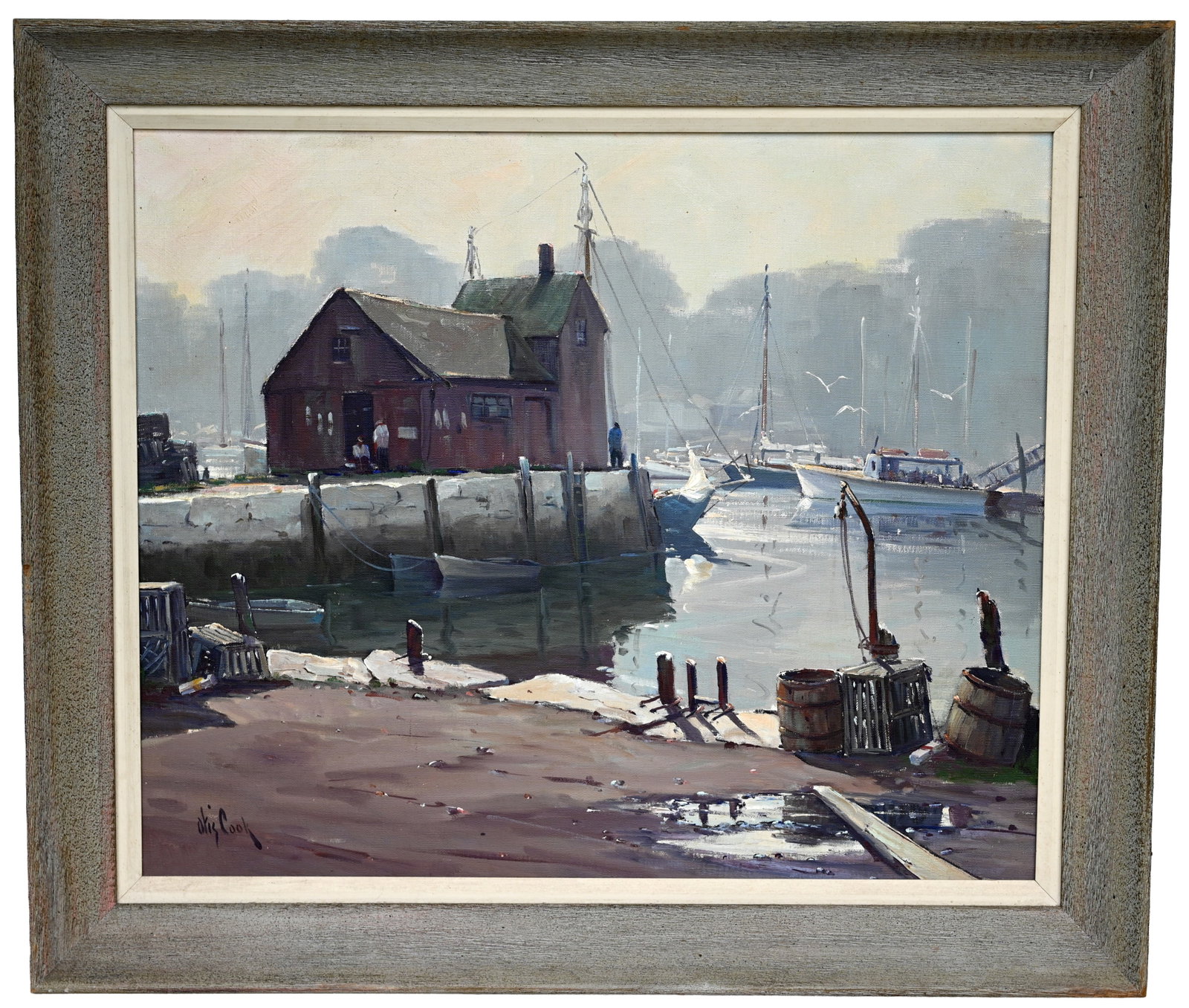 Otis Cook (American, 1900 - 1980) Motif #1: Otis Cook (American, 1900 - 1980) "Motif #1" Rockport, Massachusetts harbor. Oil on Canvas. Signed lower left. Sight Size: 25 x 30 in. Overall Framed Size: 31 x 36 x 3 in. Otis Cook, noted marine arti