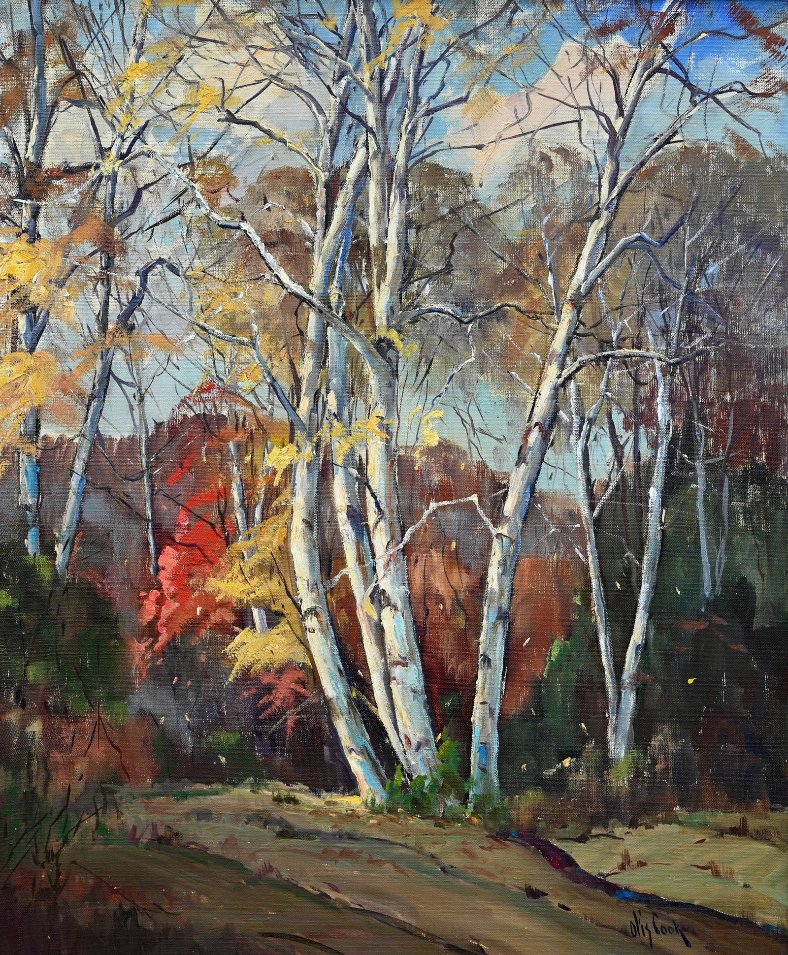 Otis Cook (American, 1900 - 1980): Otis Cook (Massachusetts, 1900 - 1980) Wooded Landscape Oil on Canvas. Signed lower right. Sight Size: 30 x 25 in. Overall Framed Size: 38 x 32.5 in. Otis Cook, noted marine artist, was born in New Be