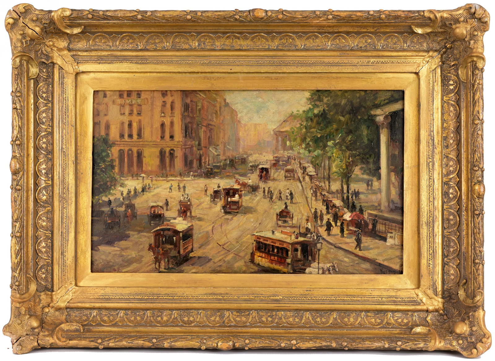 Max Kuehne (1880 - 1968) NY Times Building 1912: Max Kuehne (German, 1880 - 1968) "New York Times Building at 41 Park Row" Oil on Board. Signed and dated ('12) lower right. Sight Size: 11.75 x 20 in. Overall Framed Size: 20.5 x 29 x 3.5 in.