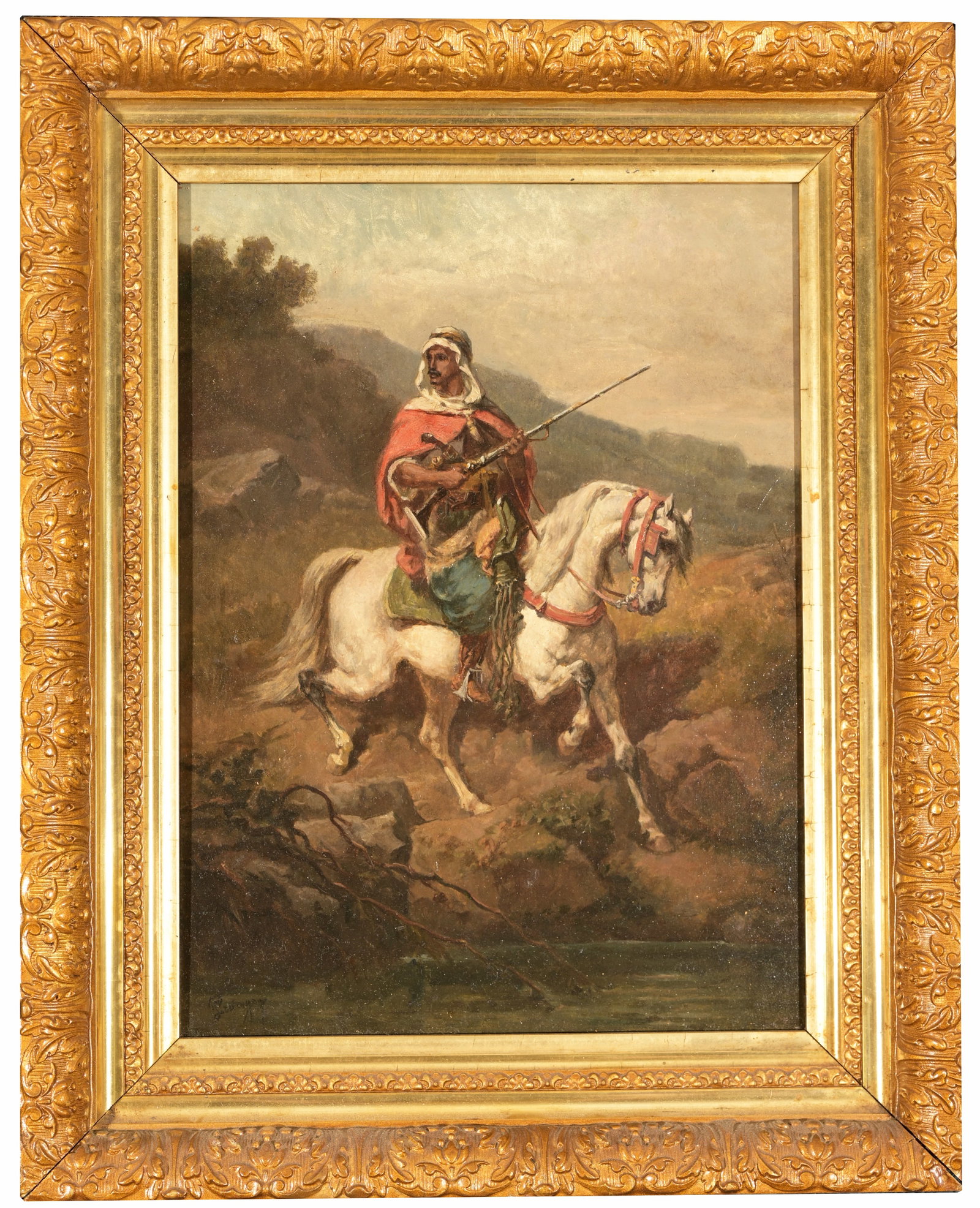 Emile Prangey (French, 19th C) Orientalist: Emile Prangey (French, 19th C) Orientalist painting of a figure on horseback. Oil on Wood Panel. Signed lower left. Sight Size: 12.75 x 9.5 in. Overall Framed Size: 16.5 x 13 in.