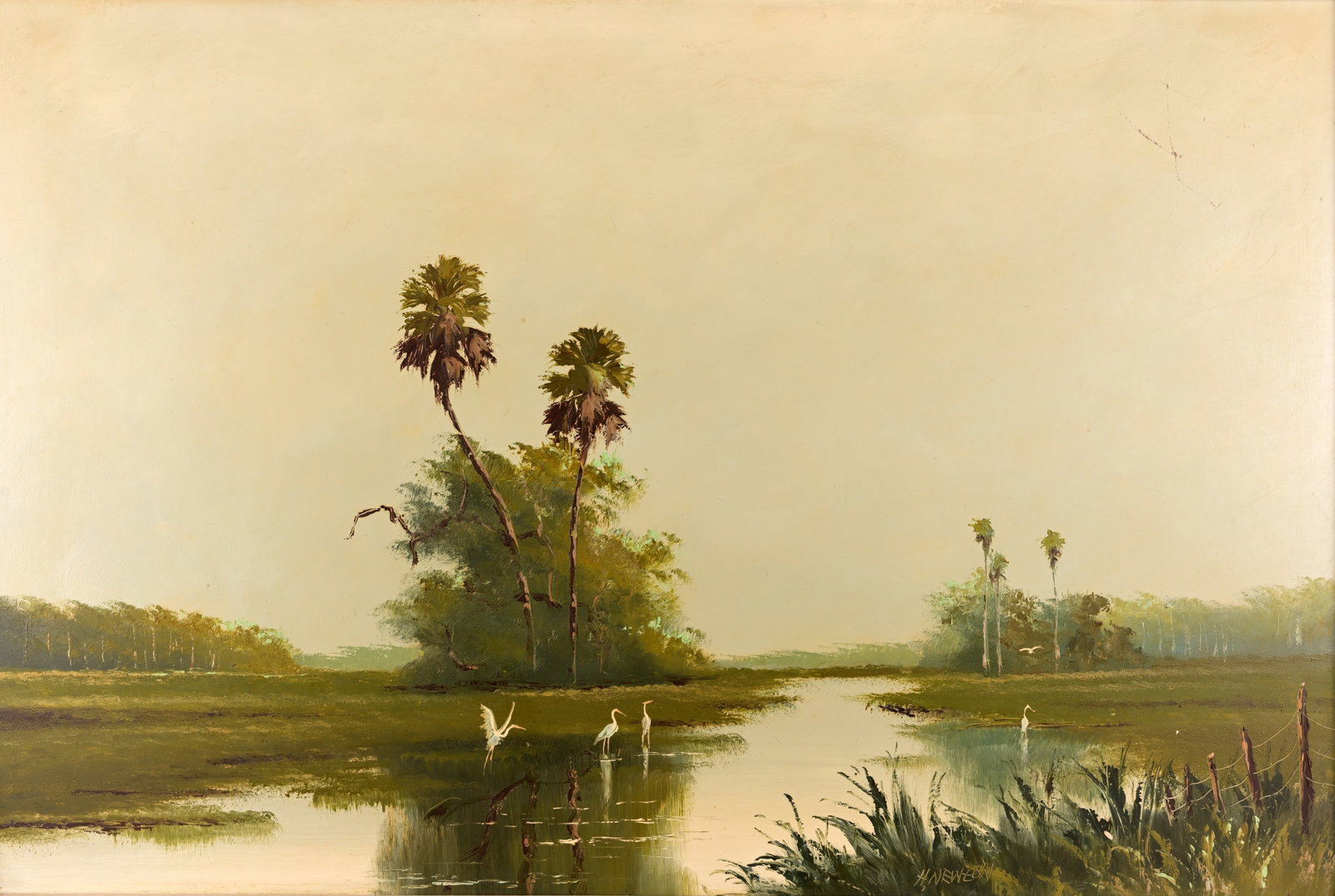 Harold Newton (FL, 1934 - 1994): Harold Newton (Florida, 1934 - 1994) Highwayman Landscape Oil on Masonite. Signed lower right. Sight Size: 24 x 36 in. Overall Framed Size: 26.5 x 38.5 in. Condition: surface scratch in upper right co
