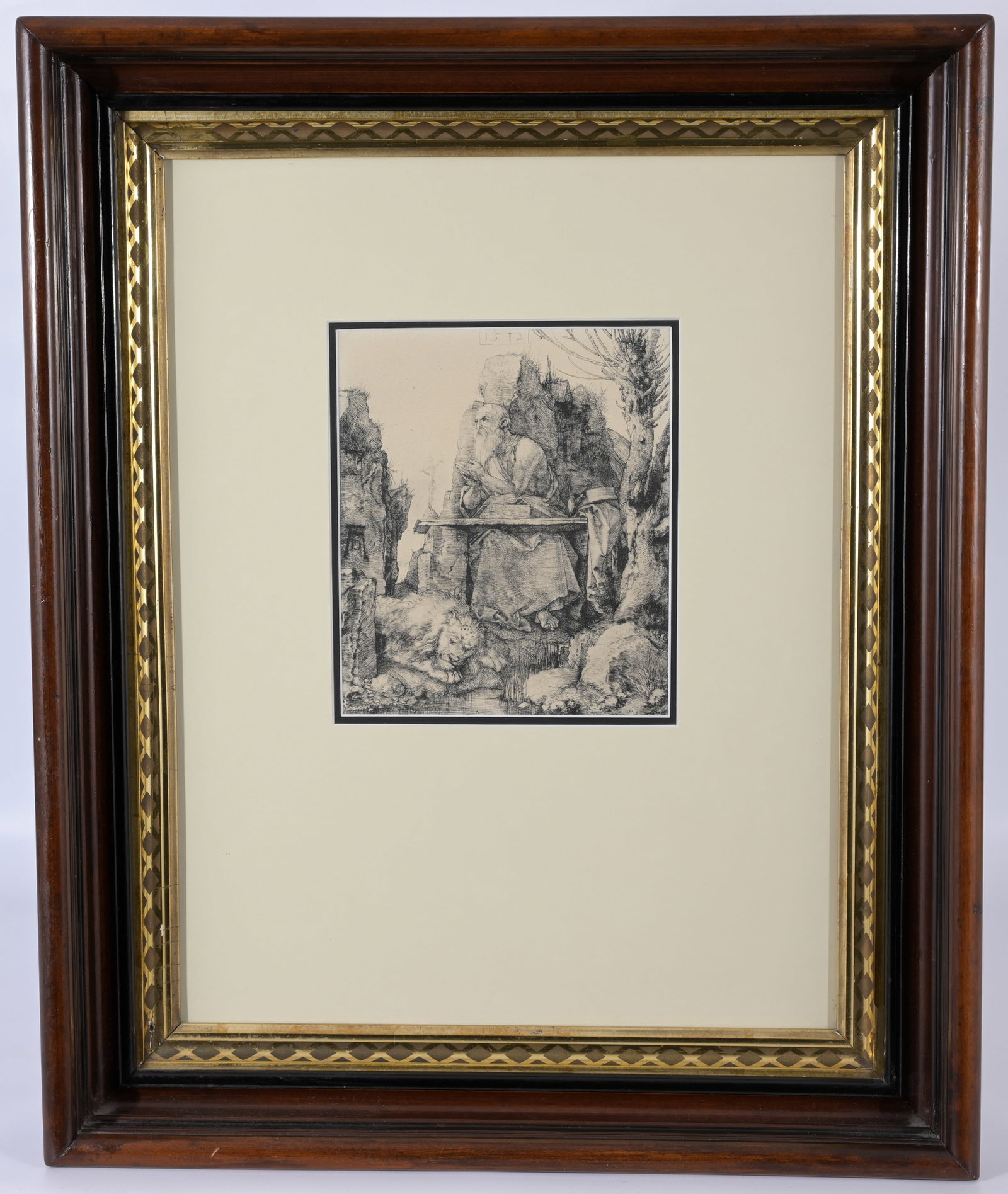 Durer - "St. Jerome By The Pollard Willow": After Albrecht Durer (Germany, 1471 - 1528) "St. Jerome By The Pollard Willow". Age: Unknown. Image Size: 7.75 x 6.5 in. Overall Framed Size: 22.25 x 18 x 2.5 in. Framed behind glass.