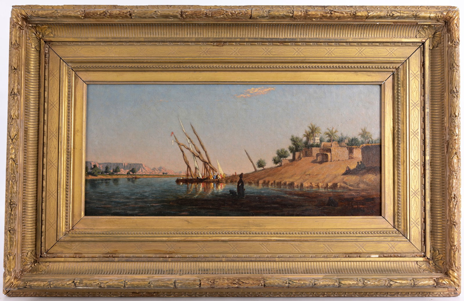 Attr. Narcisse Berchere (1819-1891) Orientalist: Attr. Narcisse Berchere (1819-1891) Orientalist River scene, likely the Nile River near Cairo. Oil on Canvas. Indistinctly signed and dated lower right. Housed in a fluted cove gilt/wood frame. Sight 