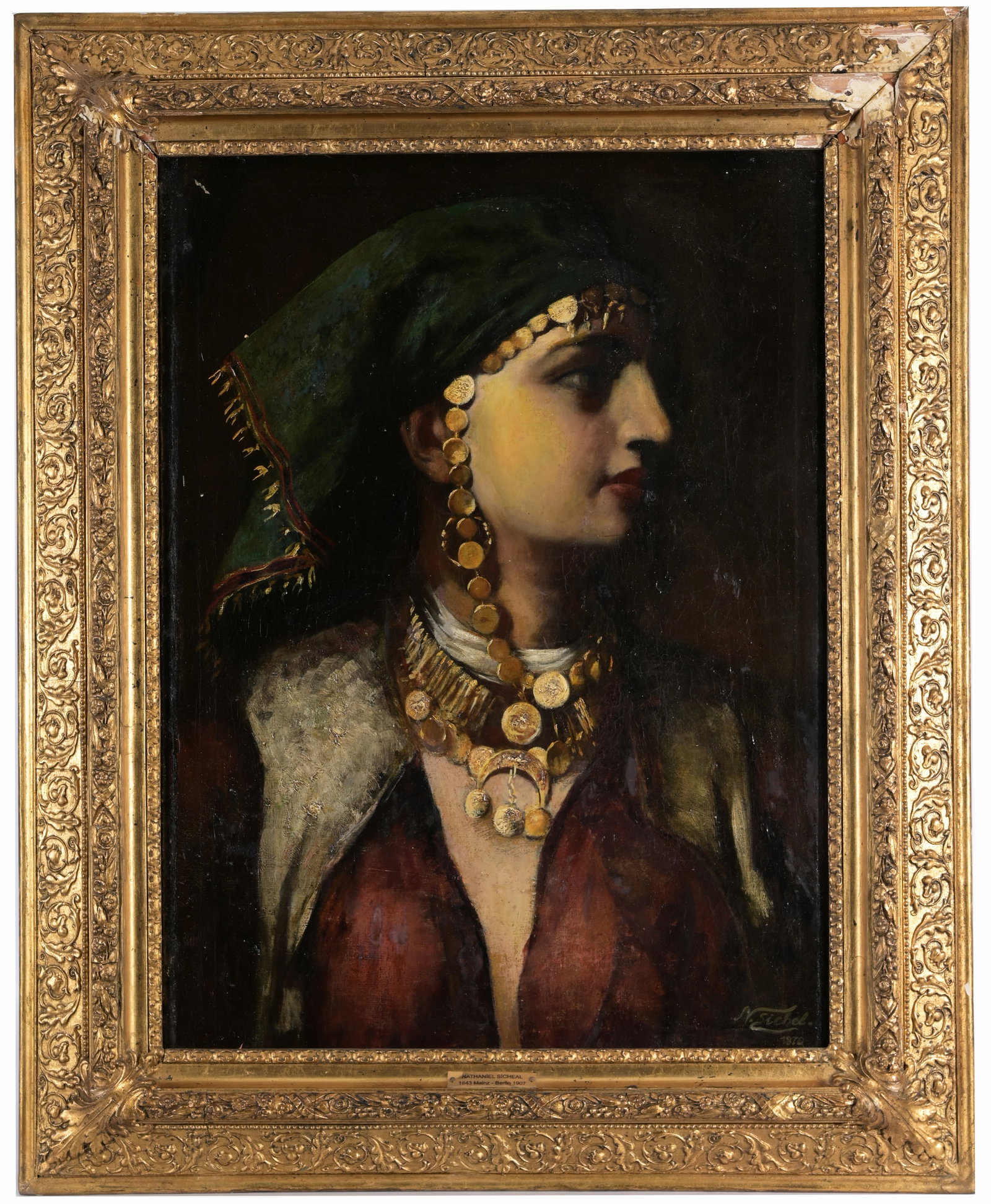 Nathaniel Sichel (German, 1843 - 1907): Nathaniel Sichel (German, 1843 - 1907) Portrait of Orientalist Girl Oil on Canvas. Signed and dated (1870) lower right. Sight Size: 25 x 18 in. Overall Framed Size: 32 x 26 in.
