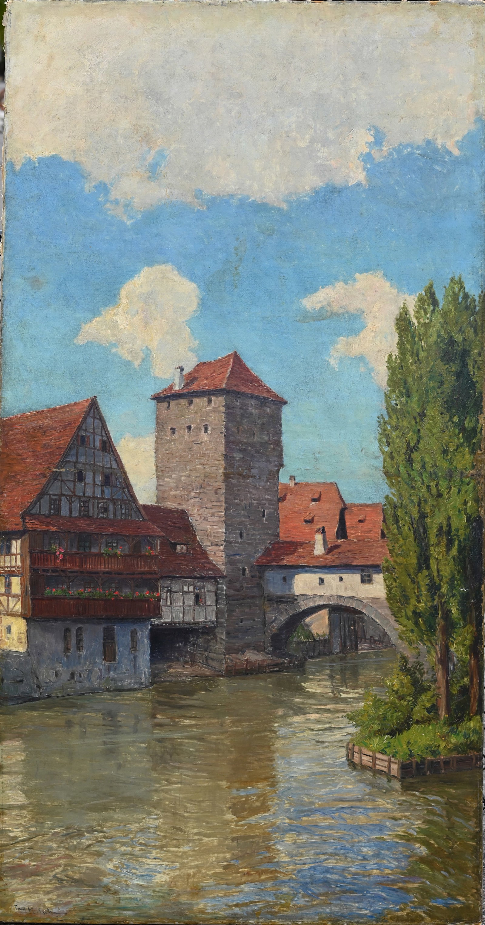 Paul Fischer (1860 - 1934): Paul Fischer (Danish, 1860 - 1934) Large painting depicting the view of the Henkersteg in Nuremberg. Oil on Canvas. Signed lower left. Size: 67 x 35.5 in. Unframed.