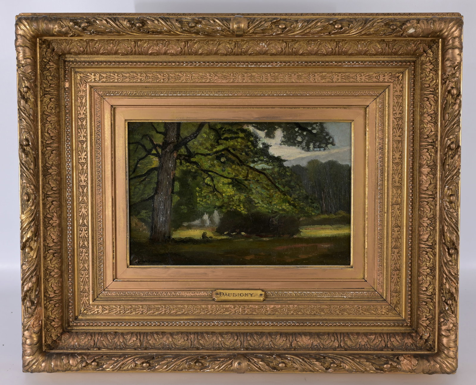 Charles Francois Daubigny (France, 1817 - 1878): Charles Francois Daubigny (France, 1817 - 1878) Wooded barbizon landscape painting. Oil on Canvas. Signed lower left. Housed in a gilt exhibition frame. Sight Size: 8.75 x 13.5 in. Overall Framed Size