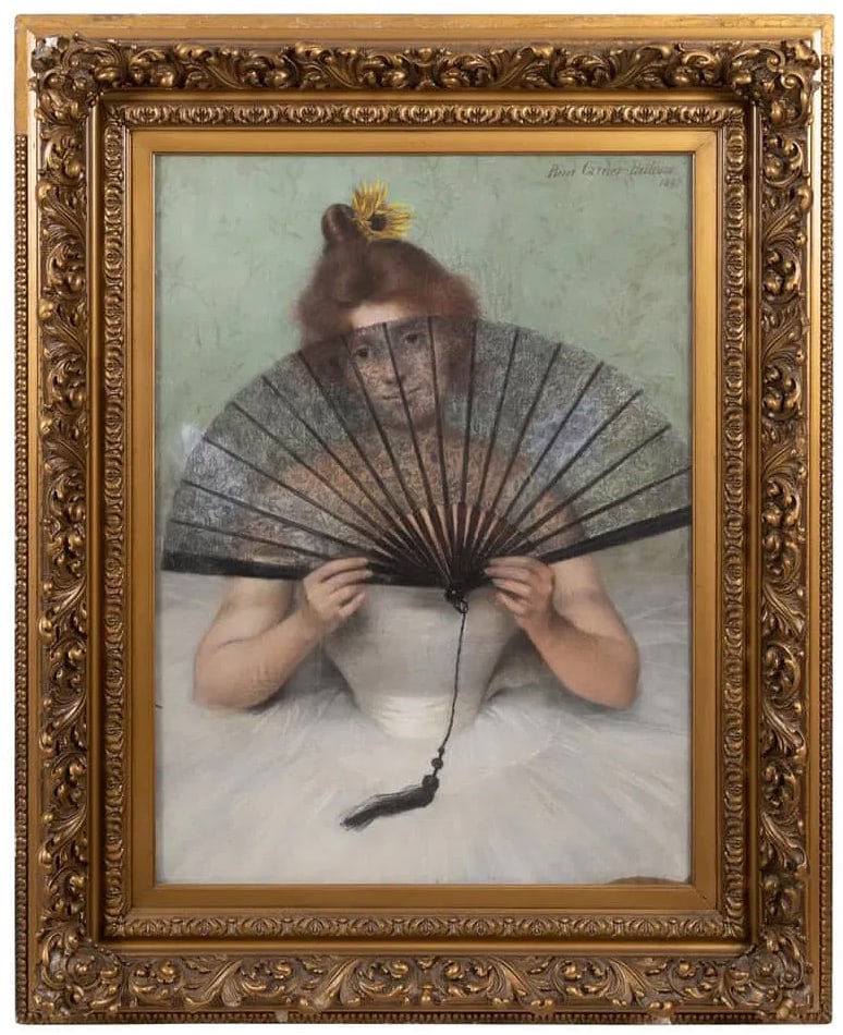 Pierre Carrier-Belleuse (French, 1851 - 1932): Pierre Carrier-Belleuse (French, 1851 - 1932) "Le Fan Noir" - 1897 Pastel on Canvas. Signed and dated upper right. Sight Size: 39.5 x 28.75 in. Overall Framed Size: 52.75 x 42.25 x 5 in. Framed behind