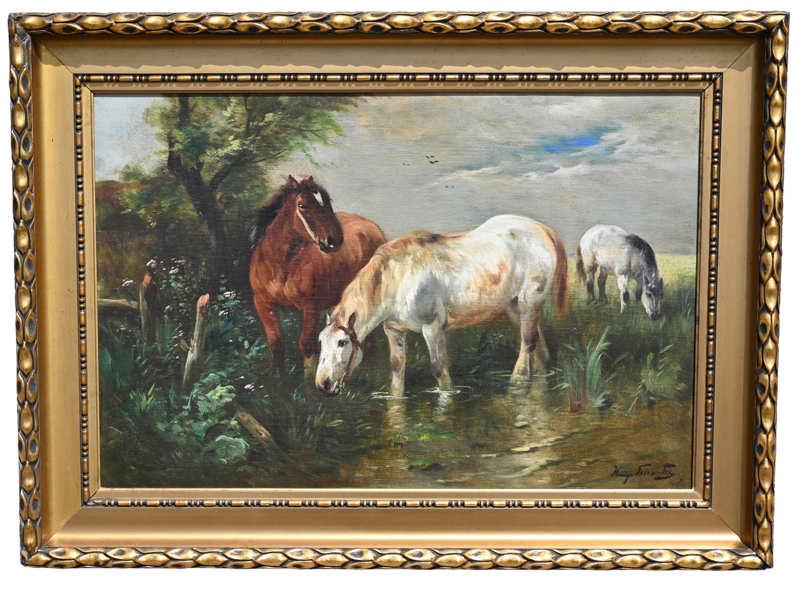 Henry Schouten (Belgian, 1864/7-1927): Henry Schouten (Belgian, 1864/7-1927) Horses in Landscape Oil on Canvas. Signed lower right. Sight Size: 24 x 35.5 in. Overall Framed Size: 32 x 44 in.