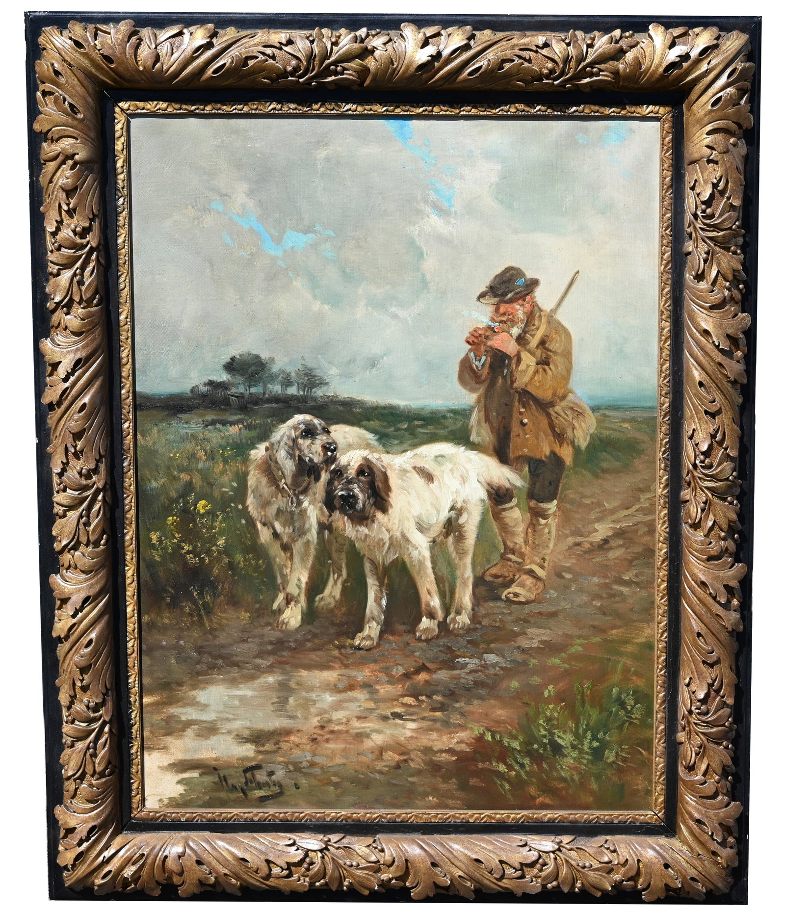 Henry Schouten (Belgian, 1864/7-1927): Henry Schouten (Belgian, 1864/7-1927) Hunter Smoking a Pipe with his Dogs Oil on Canvas. Signed lower left. Sight Size: 31.5 x 23.5 in. Overall Framed Size: 39.75 x 31.75 in.